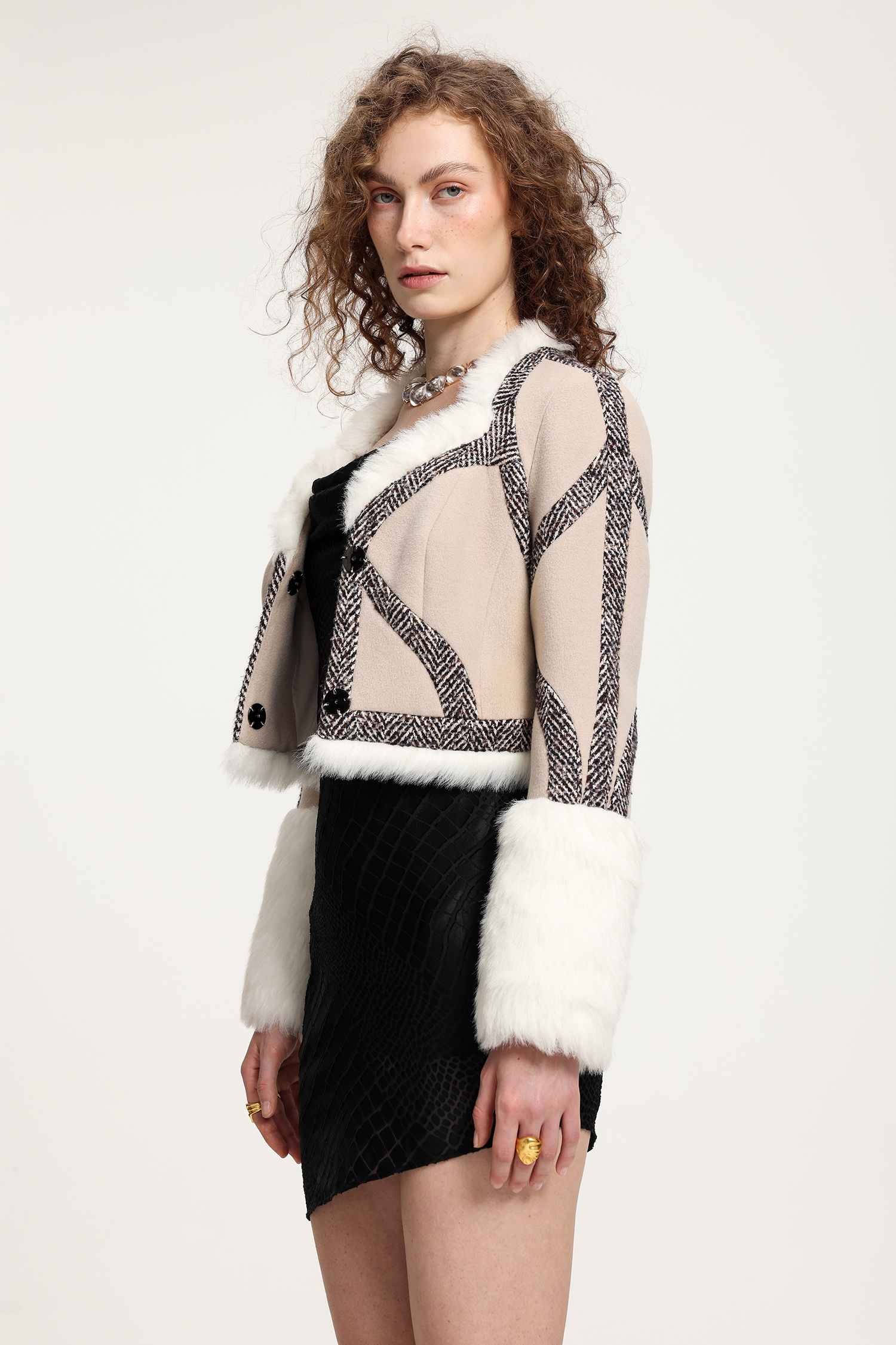 Fur-Trimmed Patterned Cropped Jacket