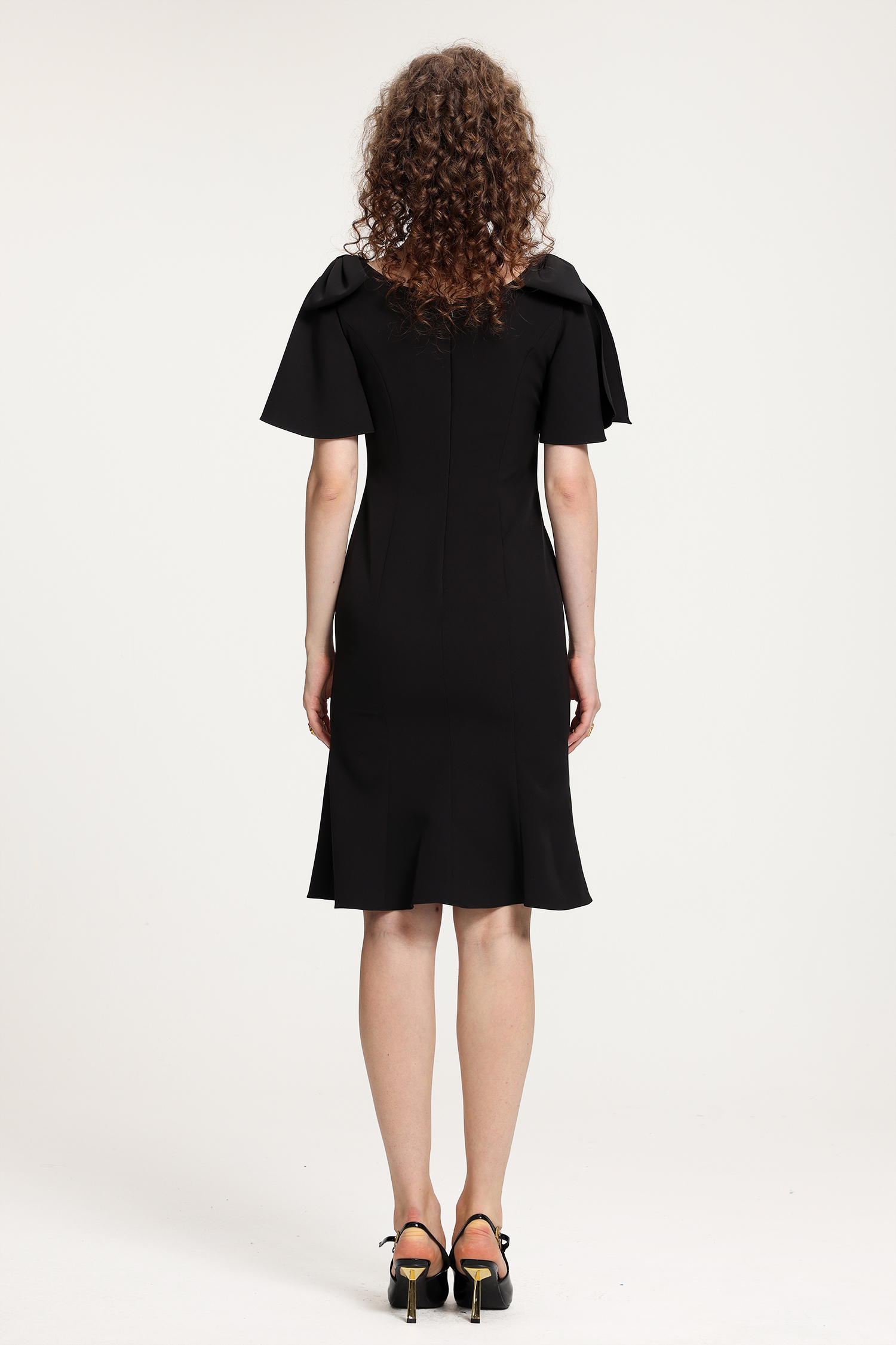 Bow-Shoulder Flared Midi Dress