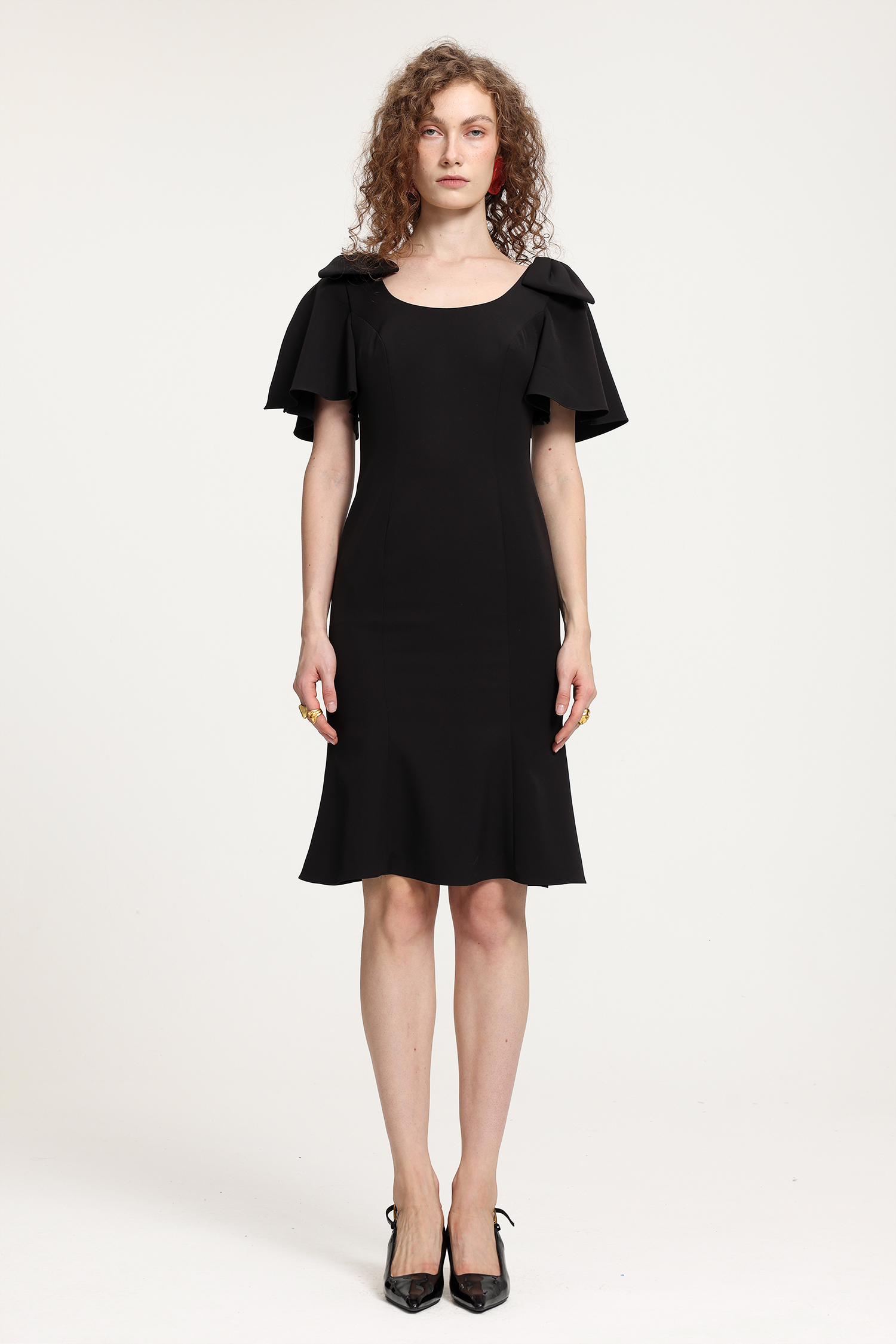 Bow-Shoulder Flared Midi Dress