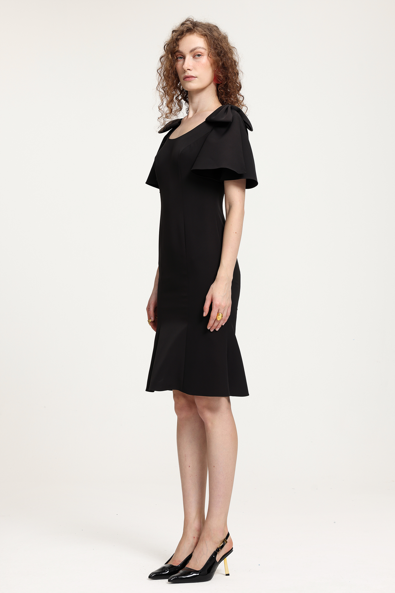 Bow-Shoulder Flared Midi Dress