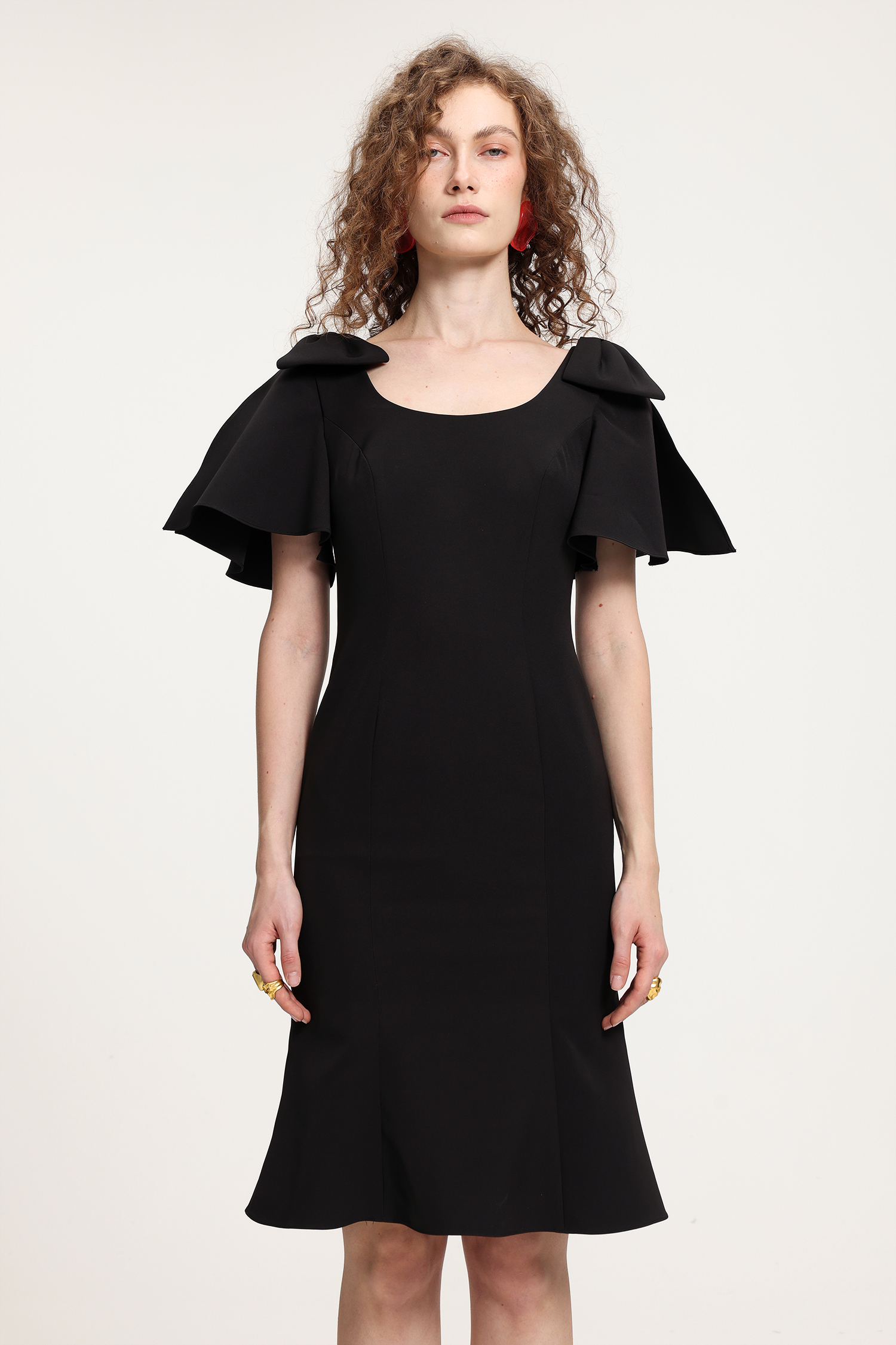 Bow-Shoulder Flared Midi Dress