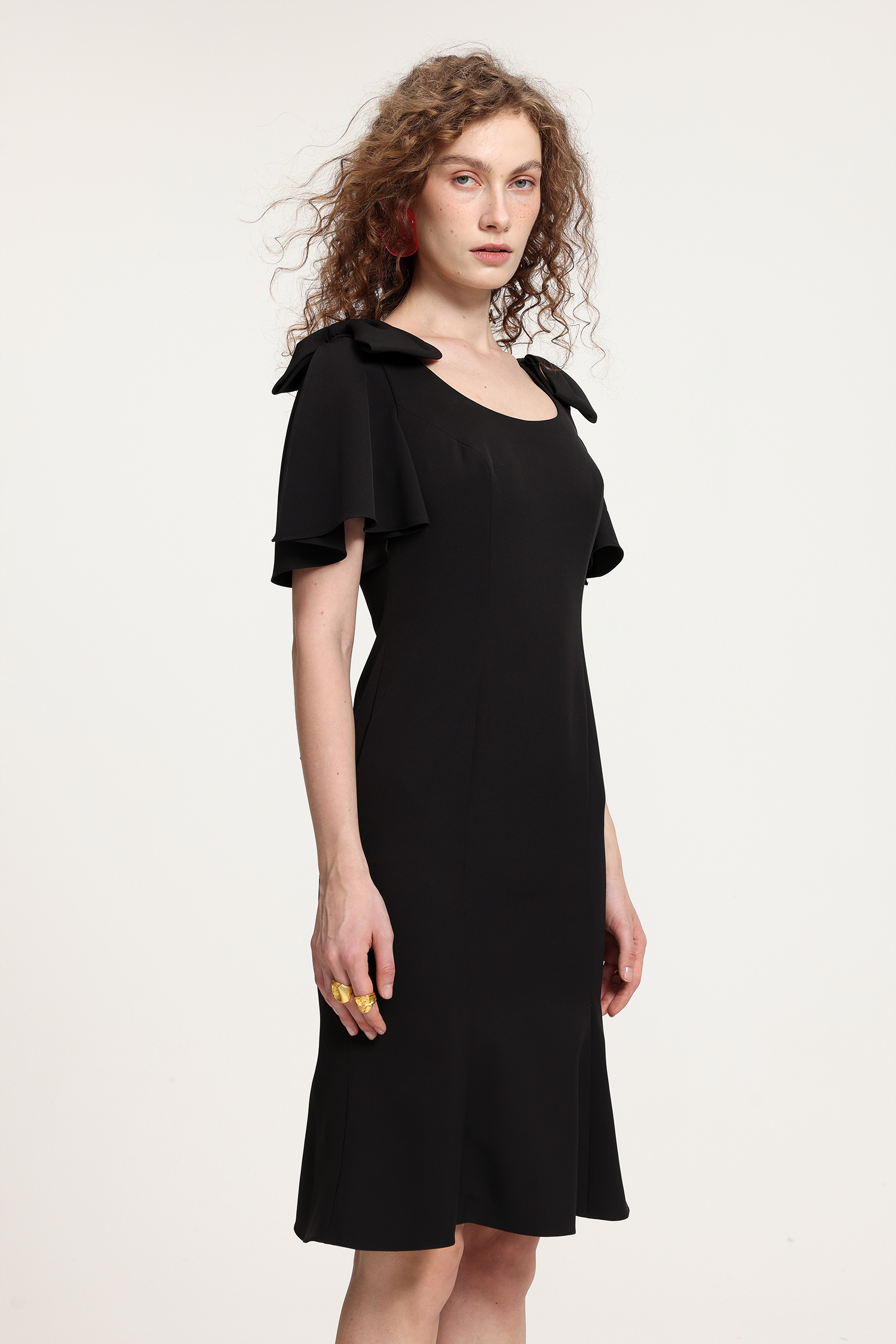 Bow-Shoulder Flared Midi Dress