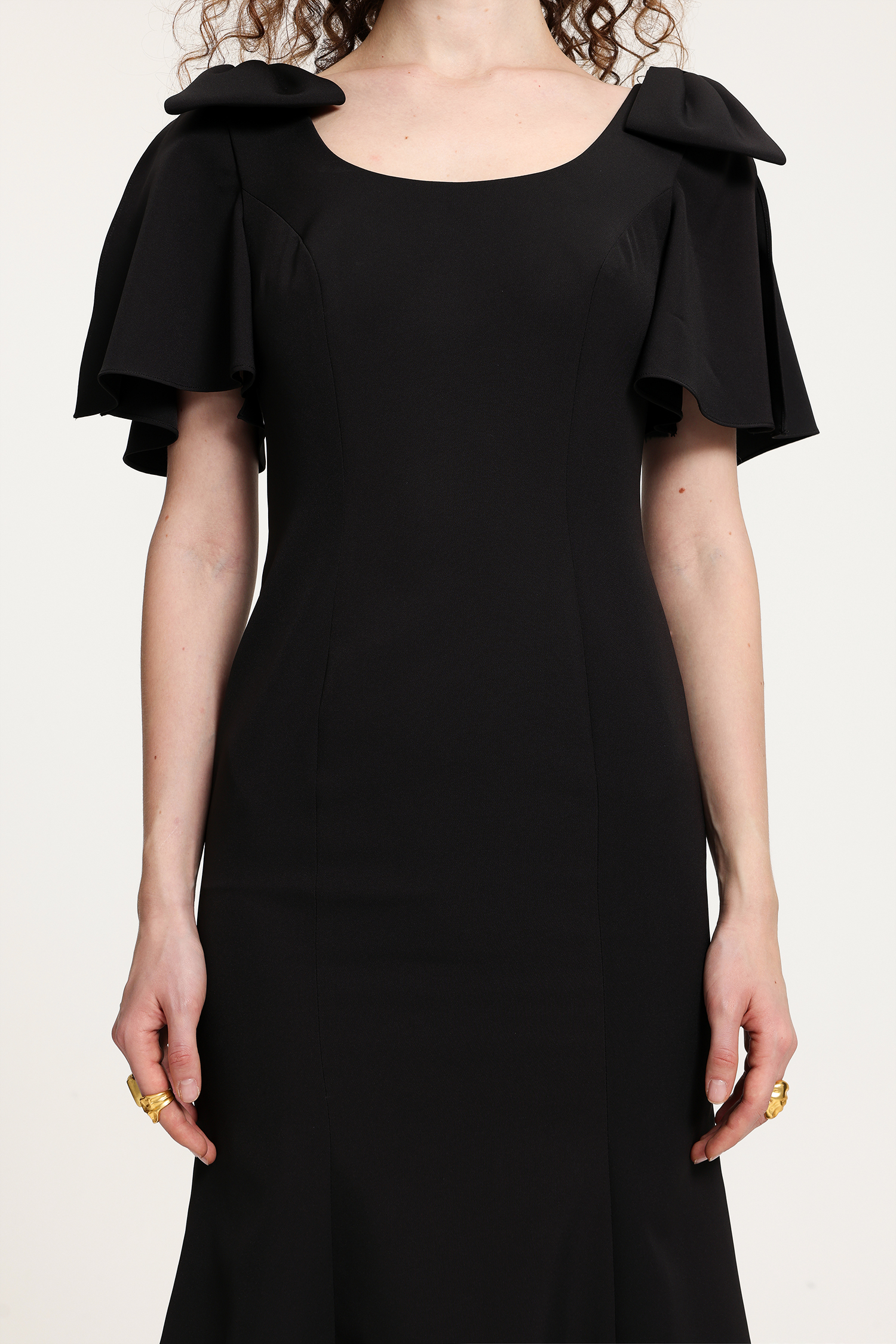 Bow-Shoulder Flared Midi Dress