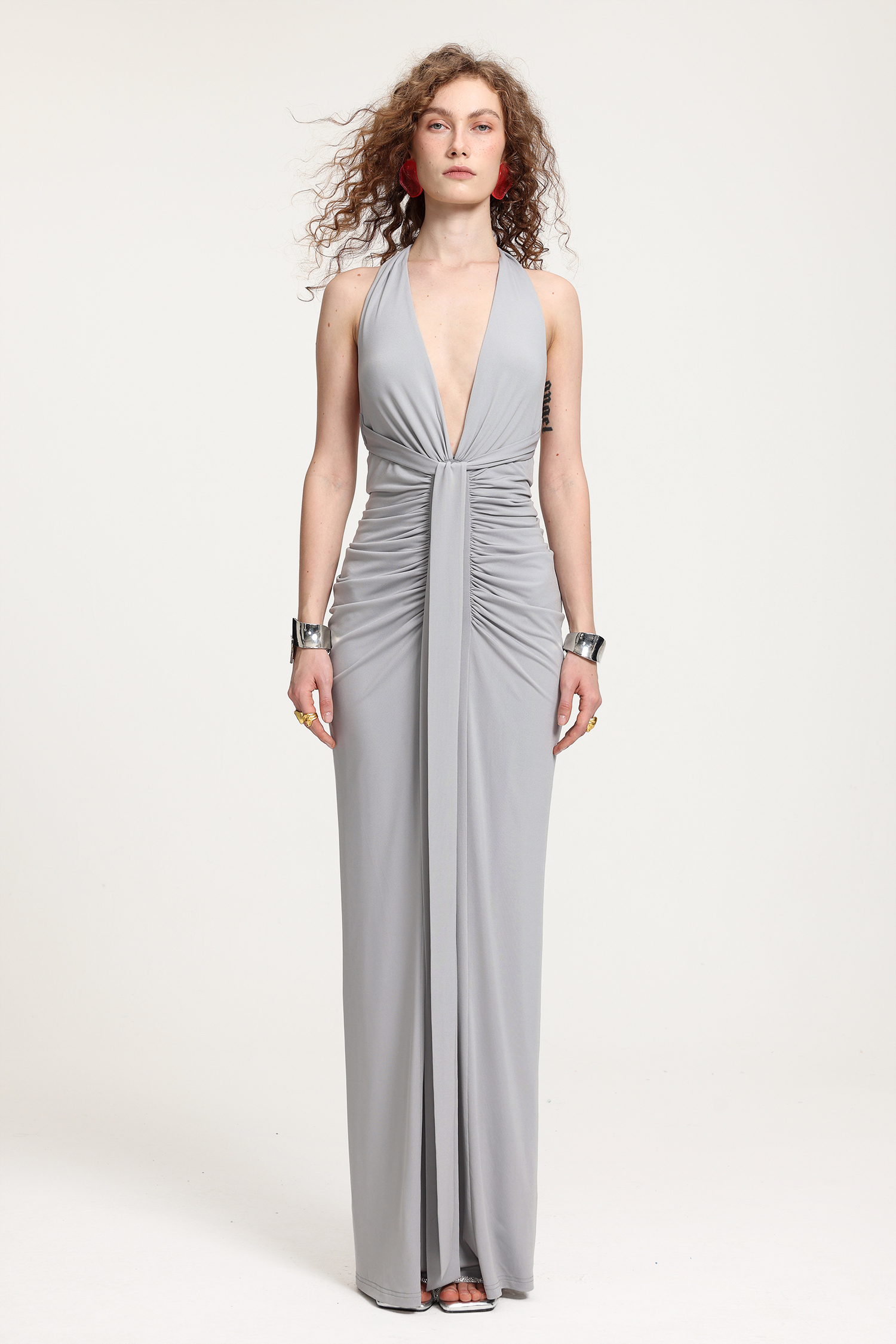 Plunge Neck Ruched Holder Maxi Dress