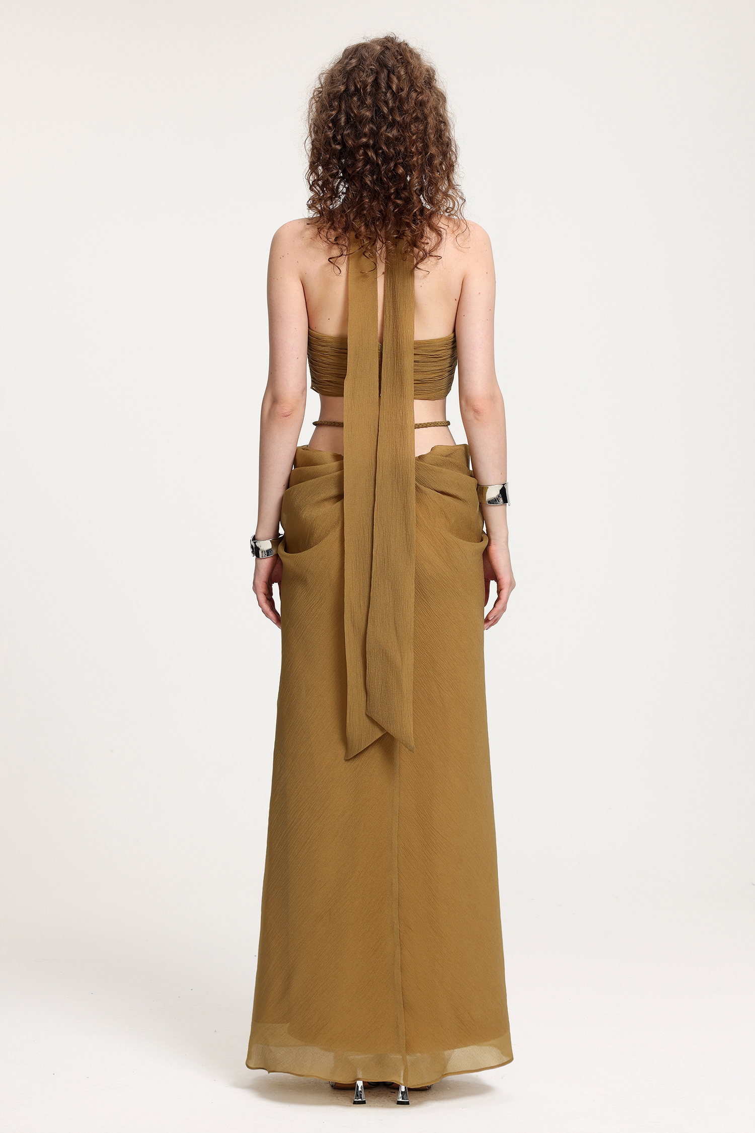 High-Neck Braided Cut-Out Draped Chiffon Maxi Dress