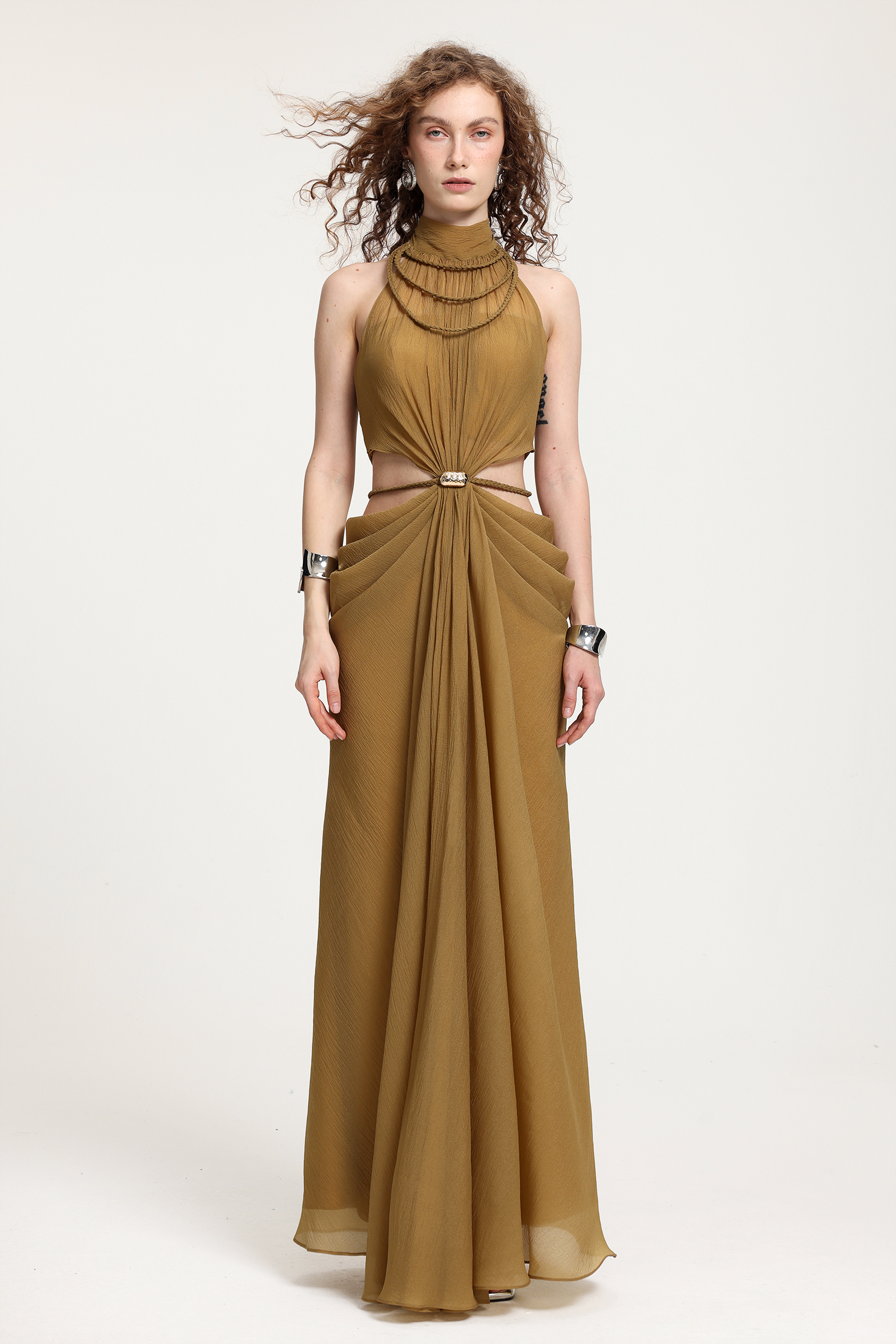 High-Neck Braided Cut-Out Draped Chiffon Maxi Dress