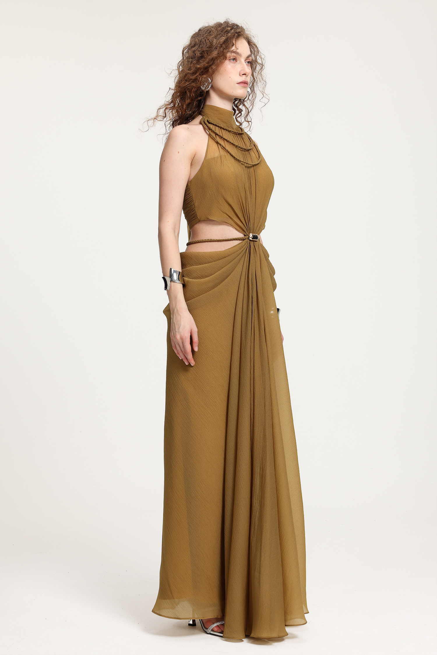 High-Neck Braided Cut-Out Draped Chiffon Maxi Dress