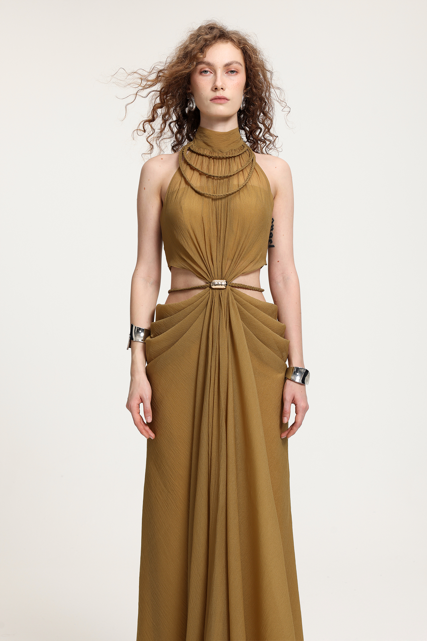 High-Neck Braided Cut-Out Draped Chiffon Maxi Dress