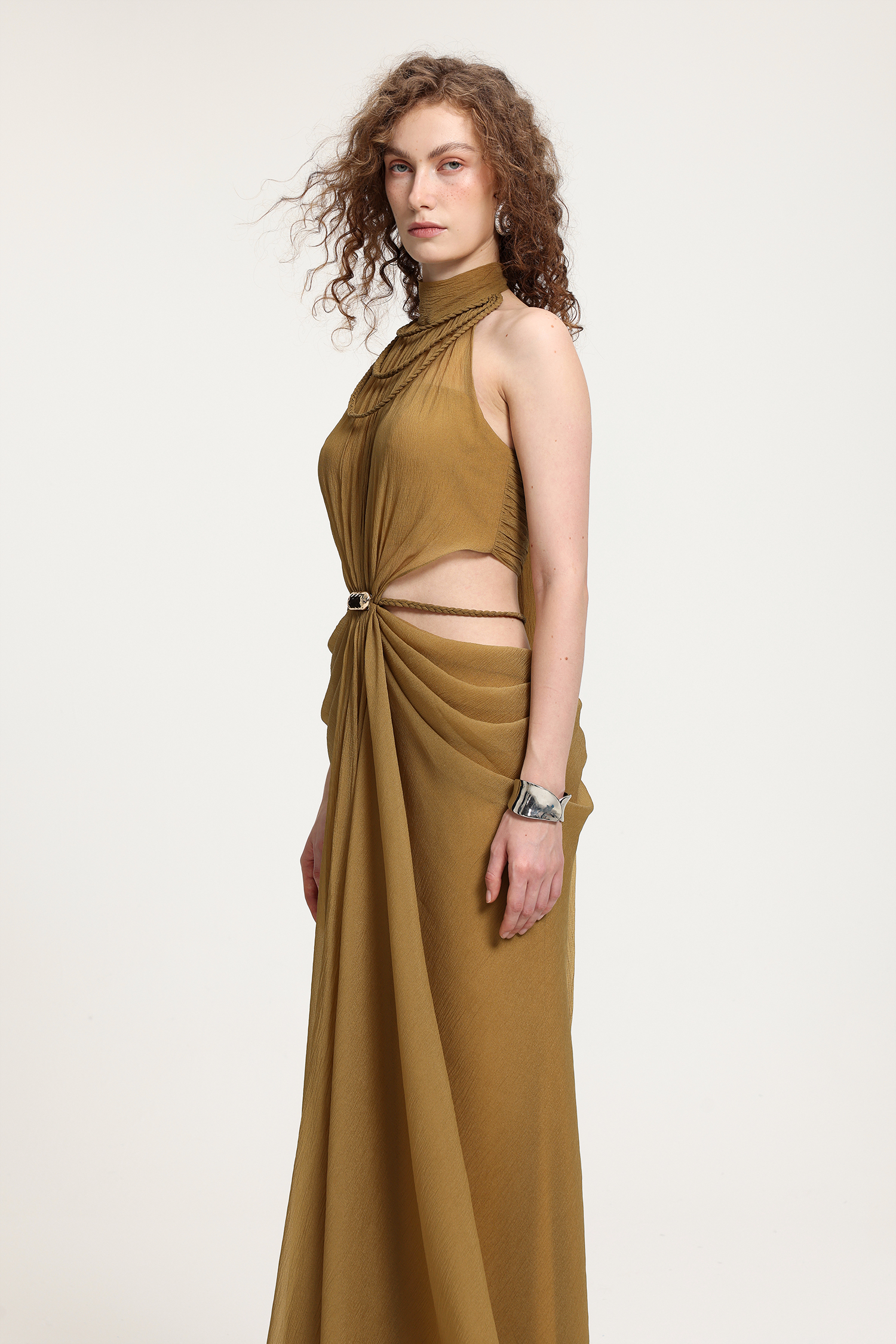 High-Neck Braided Cut-Out Draped Chiffon Maxi Dress
