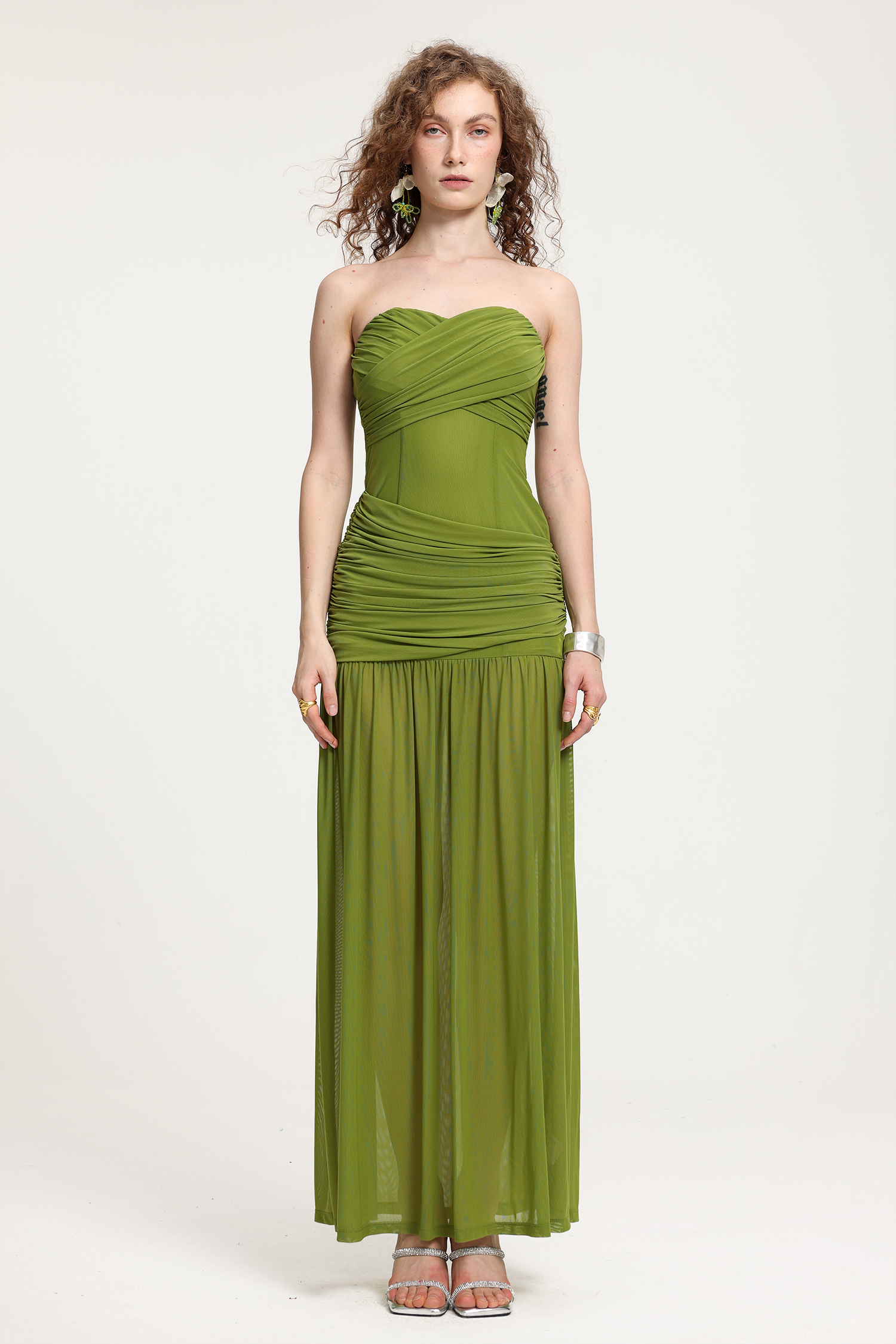 Olive Green Strapless Ruched Mesh Maxi Dress