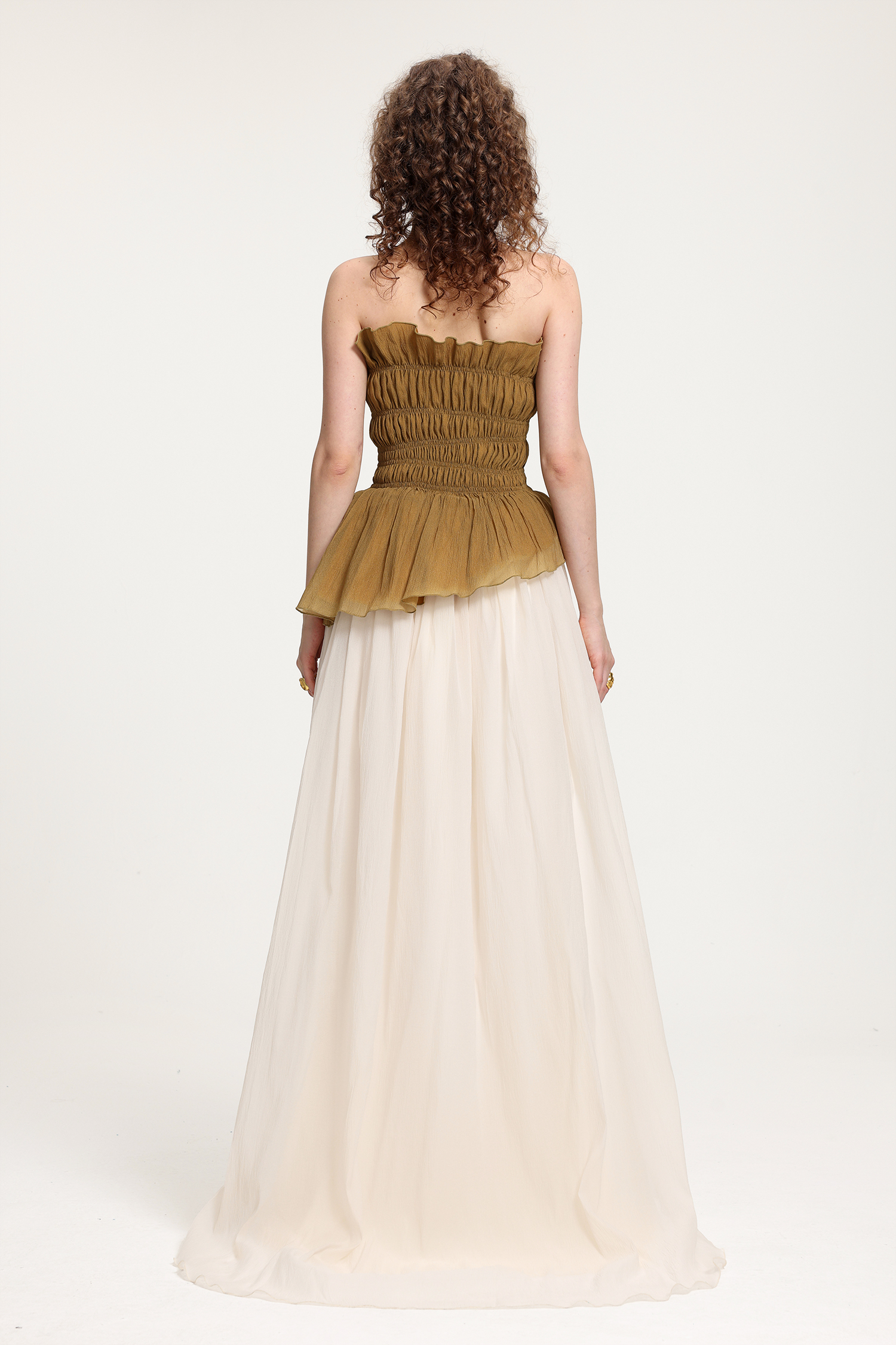 Two-Tone Strapless Smocked Peplum Maxi Dress With High Slit