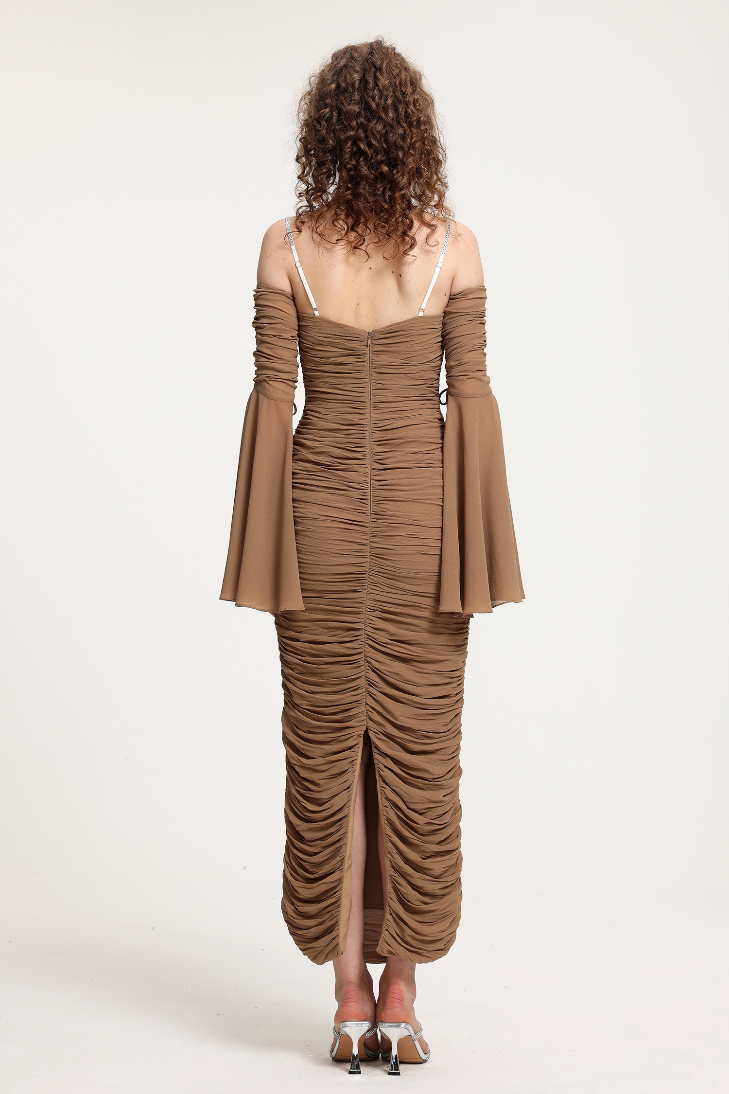 Ruched Off-Shoulder Maxi Dress With Bell Sleeves