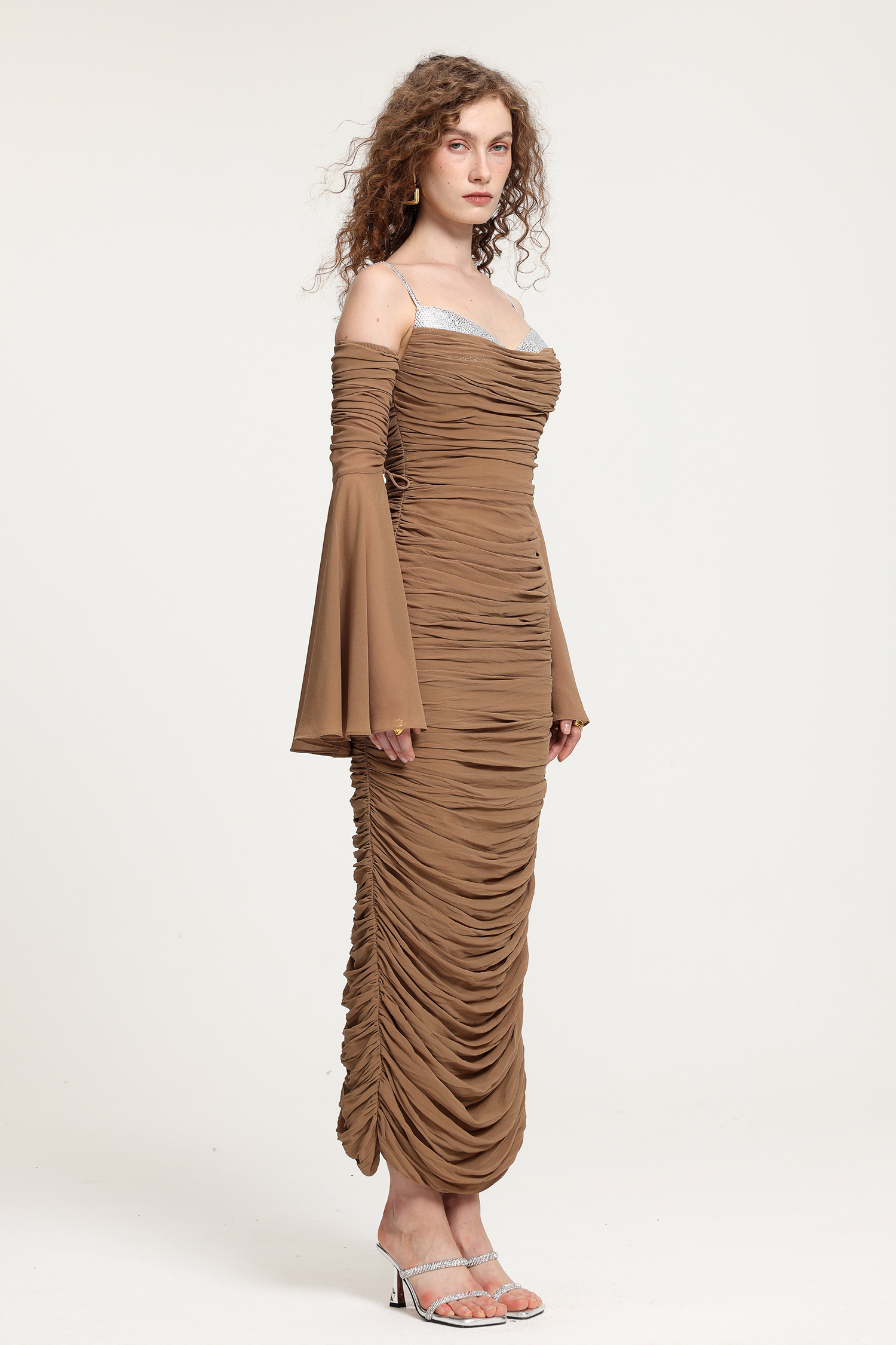 Ruched Off-Shoulder Maxi Dress With Bell Sleeves