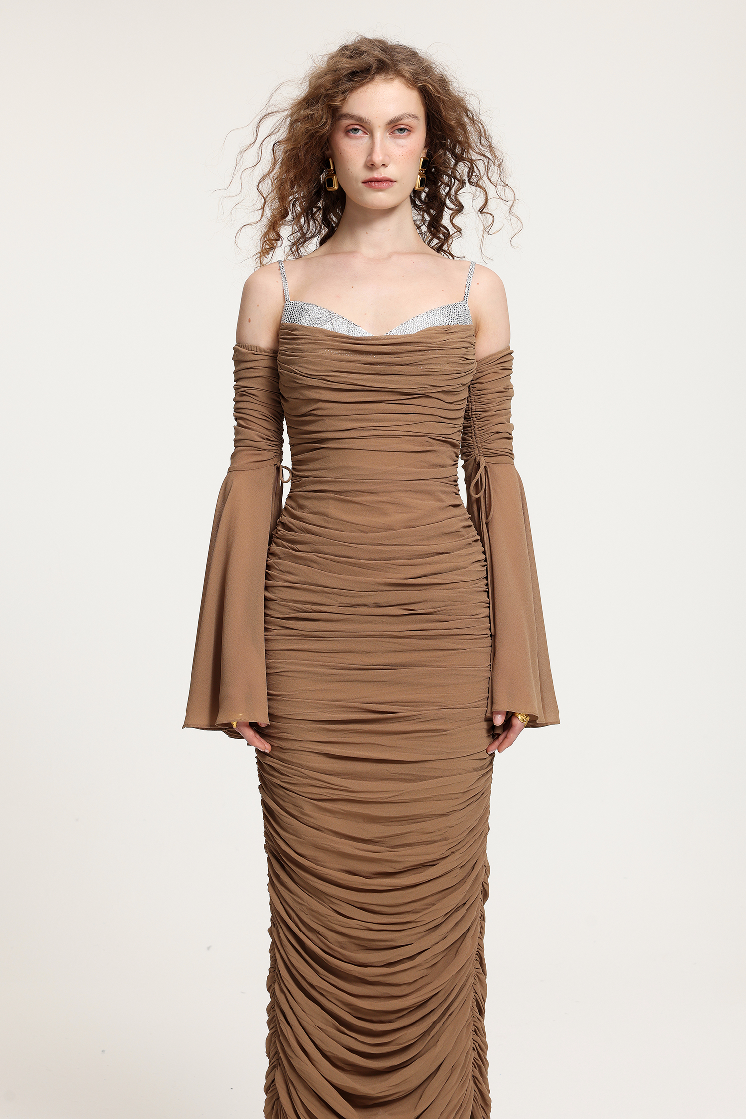 Ruched Off-Shoulder Maxi Dress With Bell Sleeves