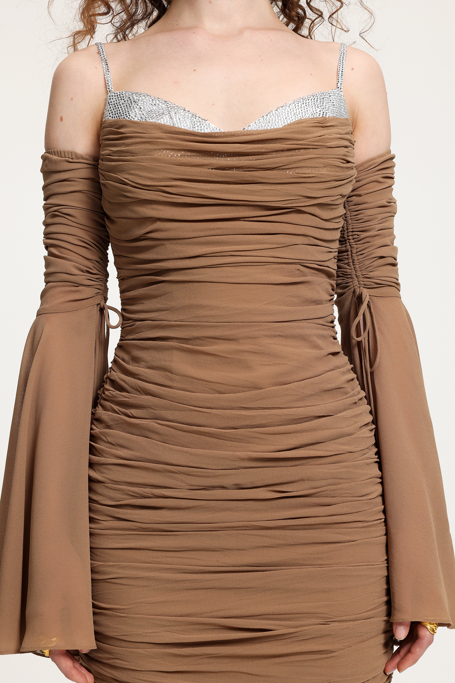 Ruched Off-Shoulder Maxi Dress With Bell Sleeves