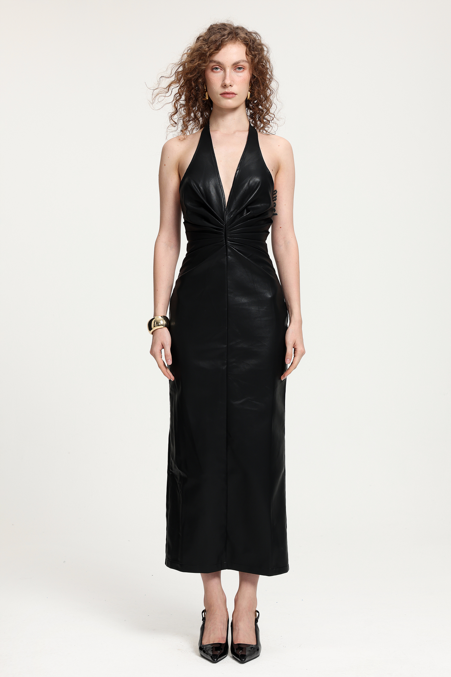 Black Faux Leather Halter Midi Dress