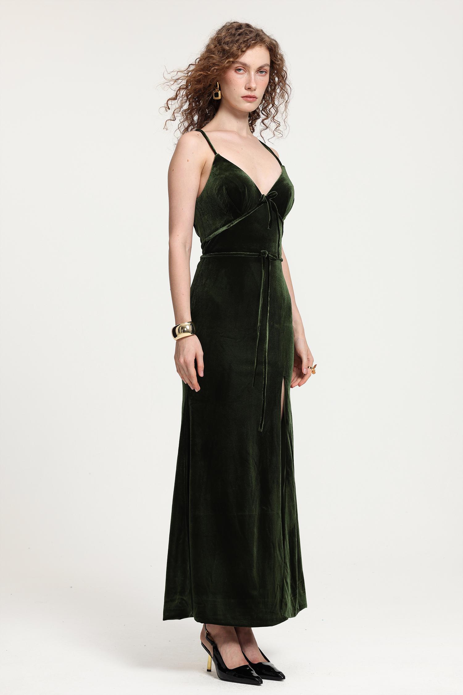 Velvet Spaghetti-Strap Maxi Dress With High Slit