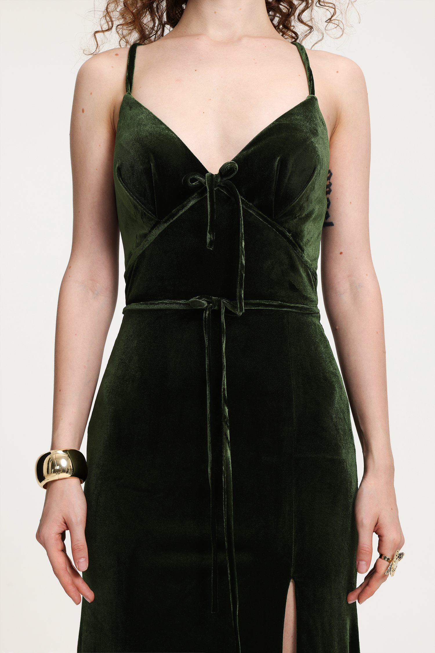 Velvet Spaghetti-Strap Maxi Dress With High Slit