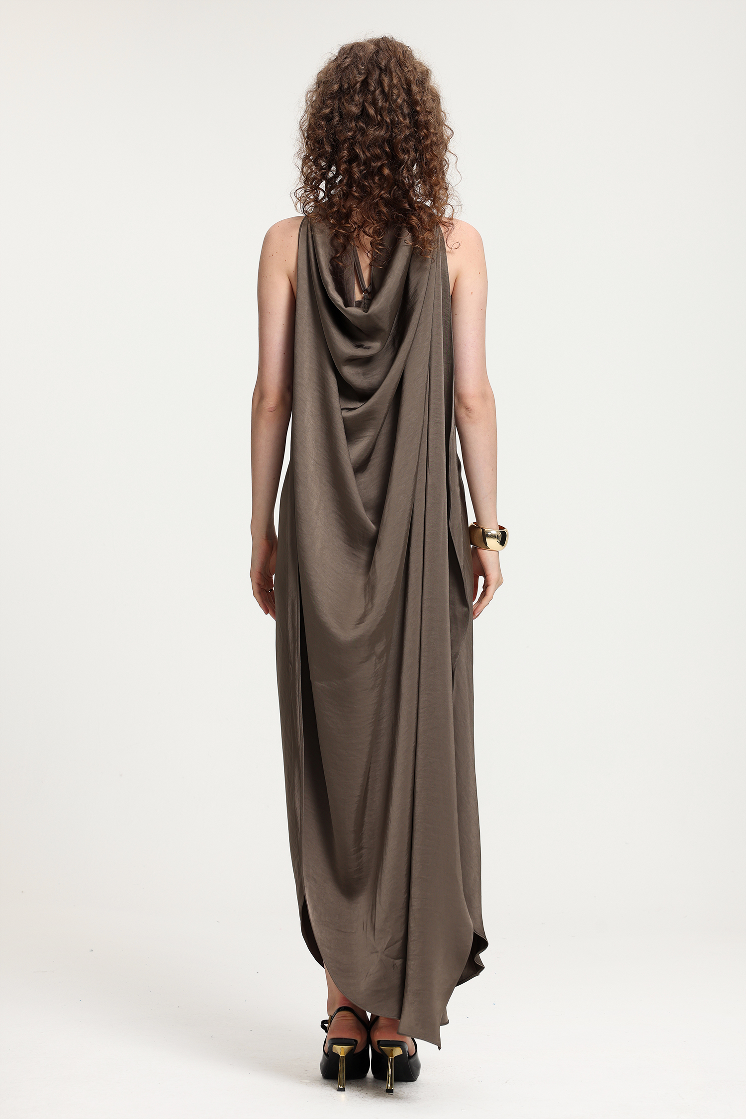 Taupe Satin Halter Neck Tied Knot Floor-Length Asymmetric Dress