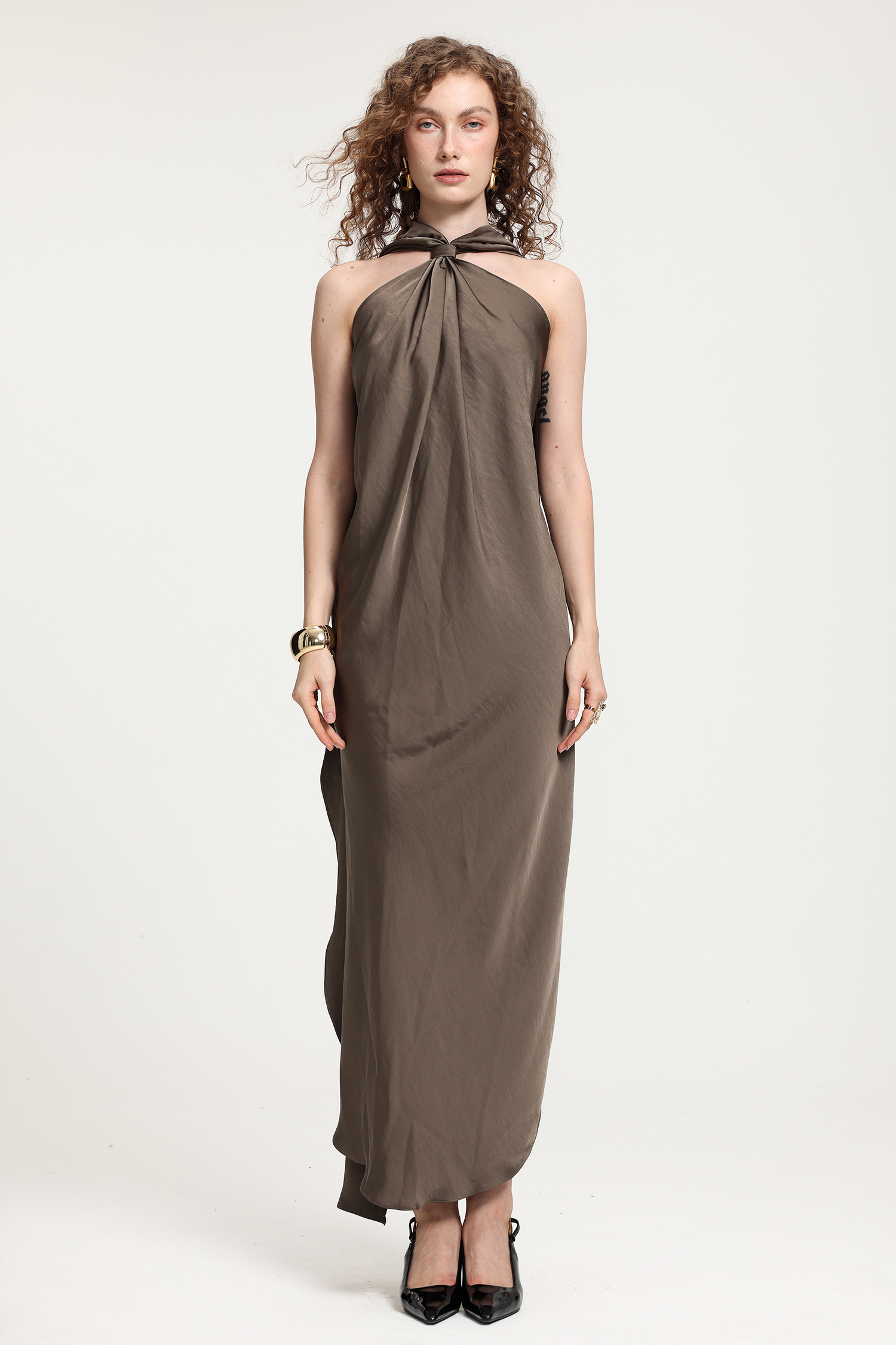 Taupe Satin Halter Neck Tied Knot Floor-Length Asymmetric Dress