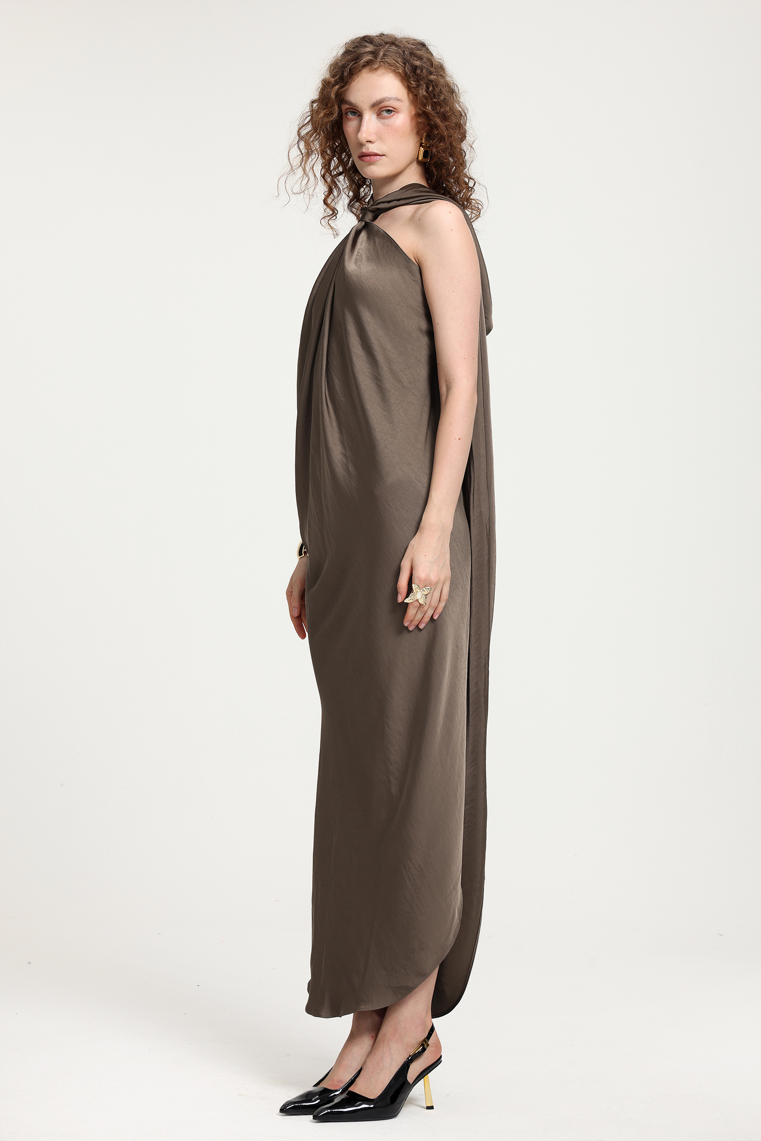 Taupe Satin Halter Neck Tied Knot Floor-Length Asymmetric Dress
