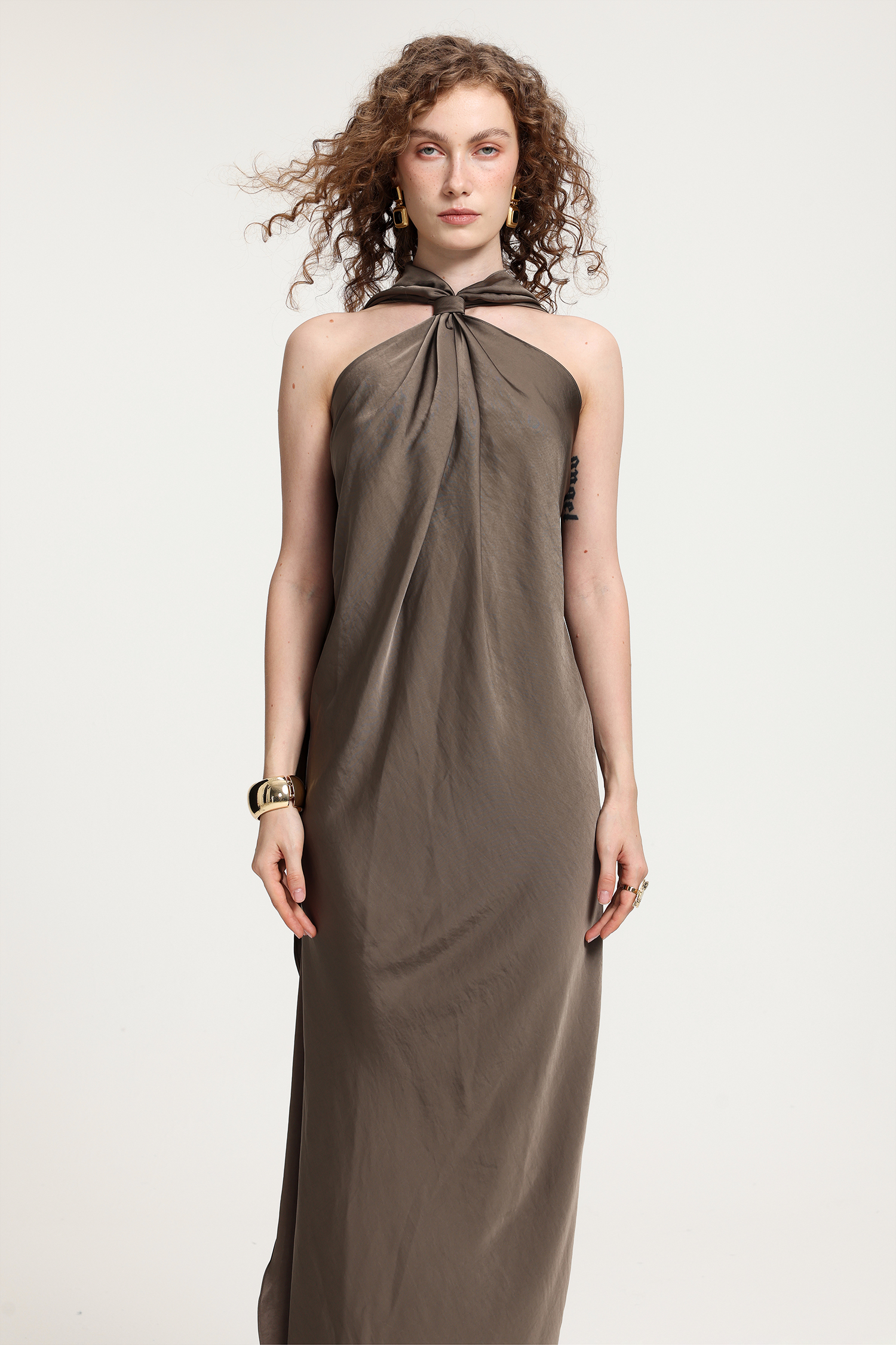 Taupe Satin Halter Neck Tied Knot Floor-Length Asymmetric Dress
