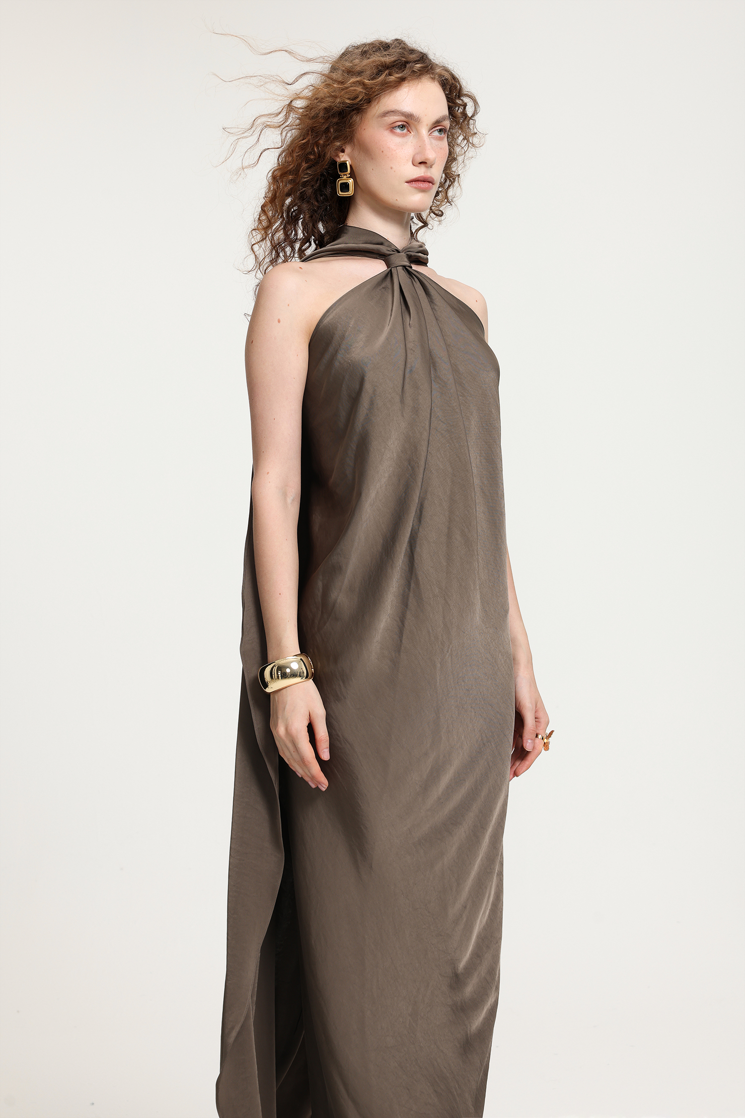 Taupe Satin Halter Neck Tied Knot Floor-Length Asymmetric Dress