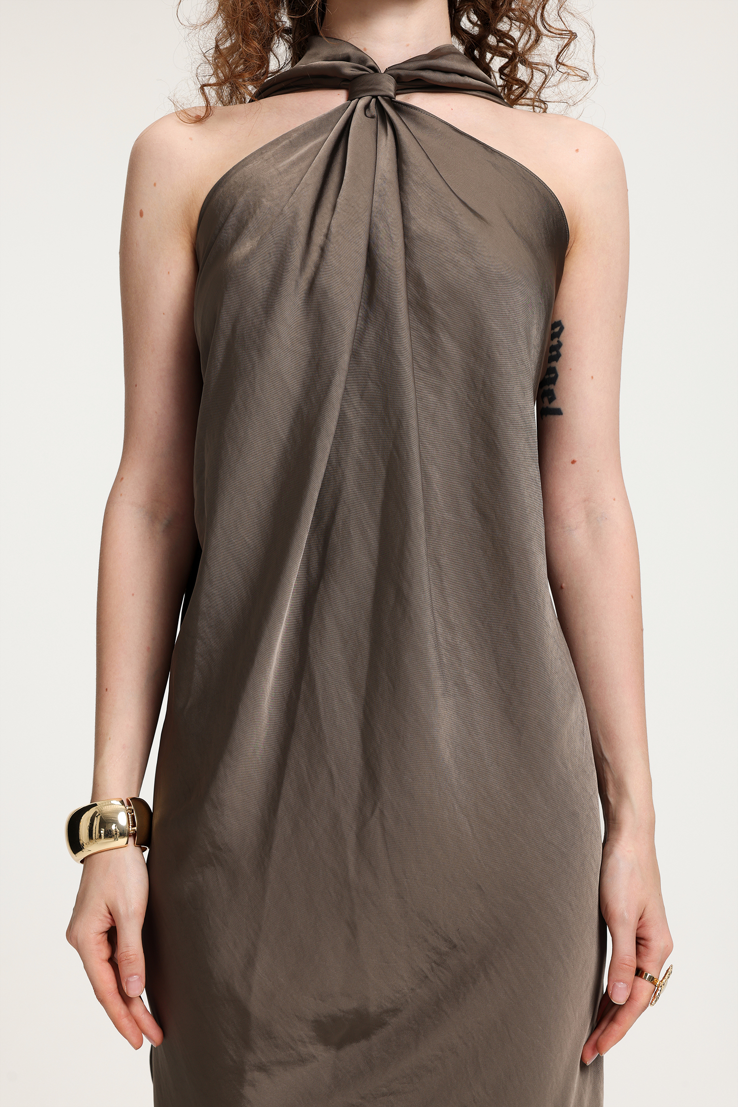 Taupe Satin Halter Neck Tied Knot Floor-Length Asymmetric Dress