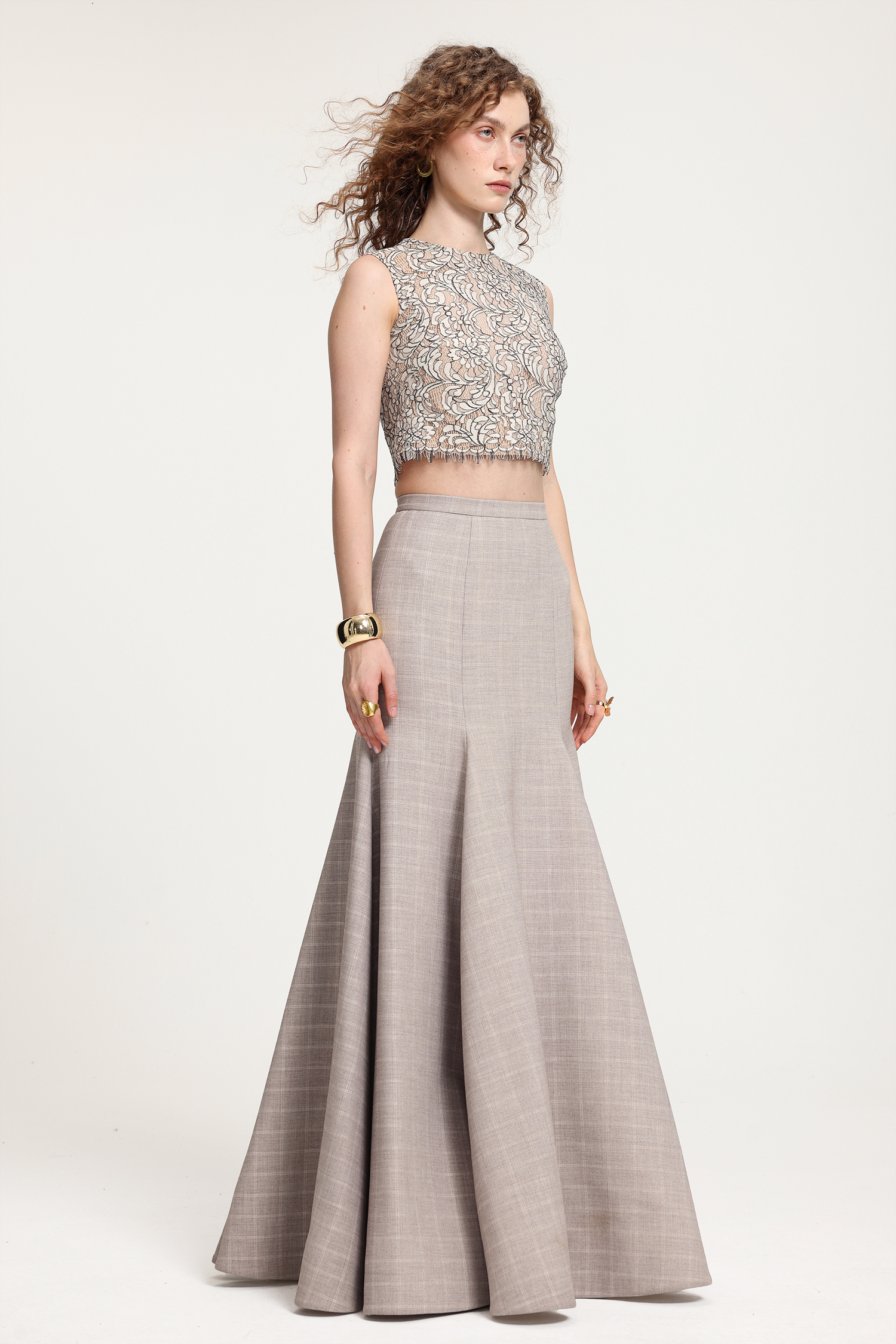 Houndstooth-Patterned Mermaid Maxi Skirt