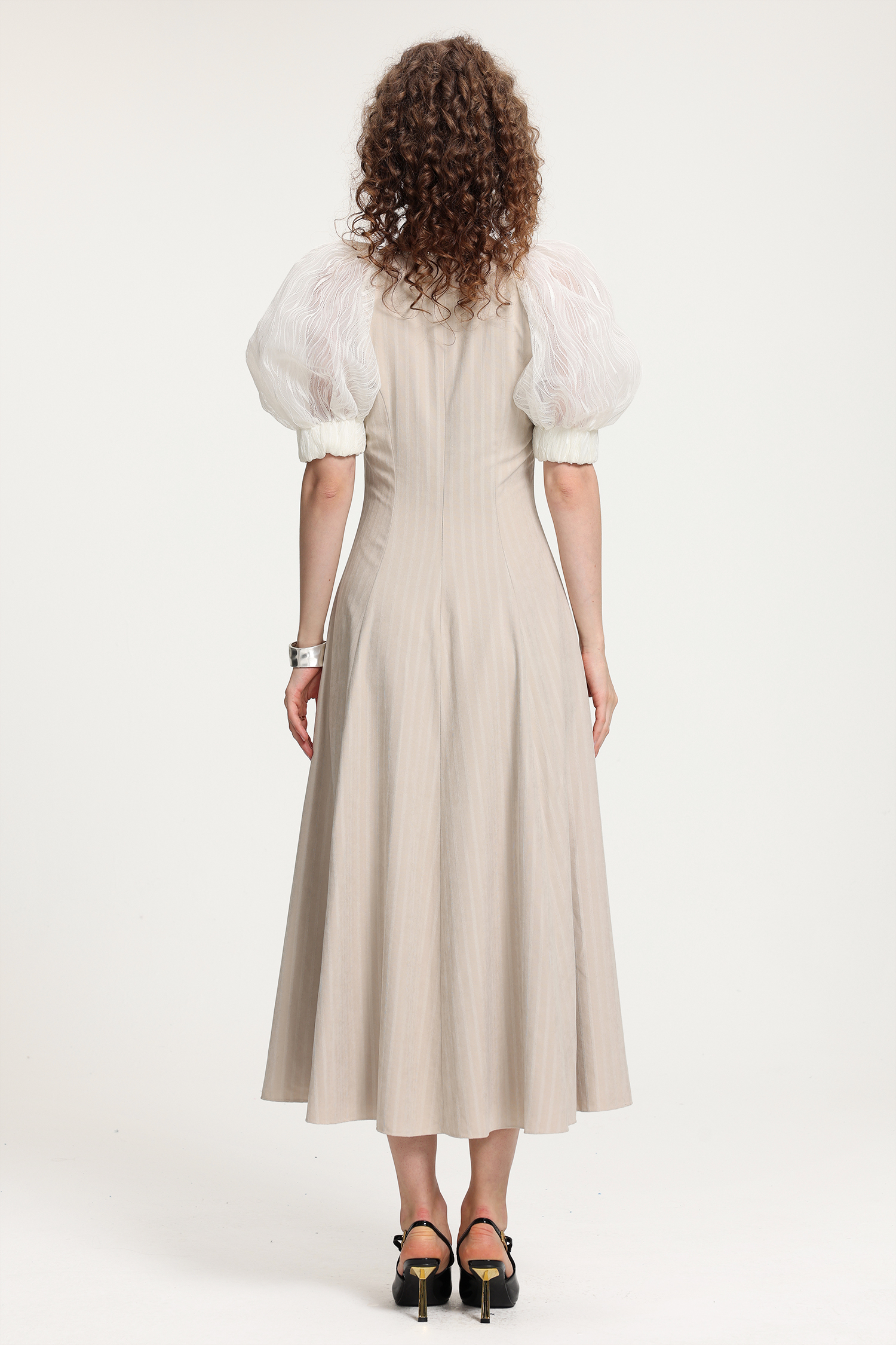 Textured Puff-Sleeve Midi Dress With Crystal Neckline