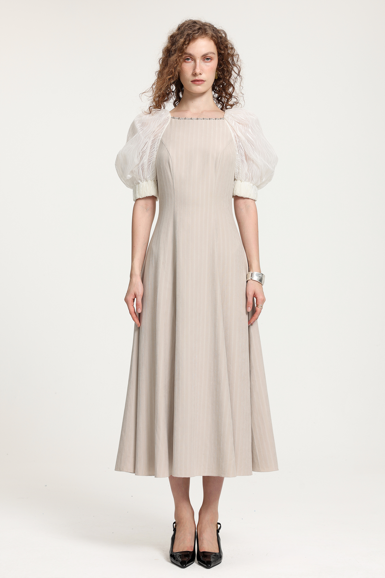 Textured Puff-Sleeve Midi Dress With Crystal Neckline