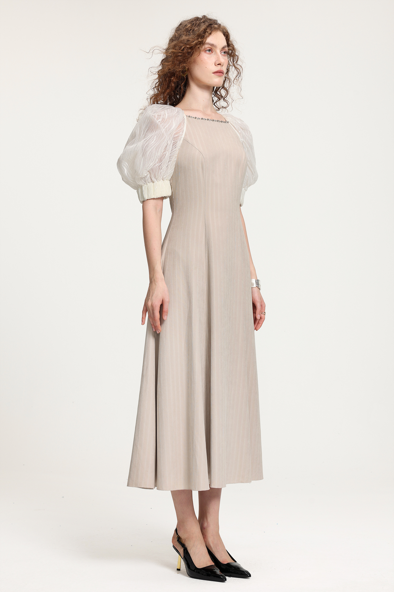 Textured Puff-Sleeve Midi Dress With Crystal Neckline