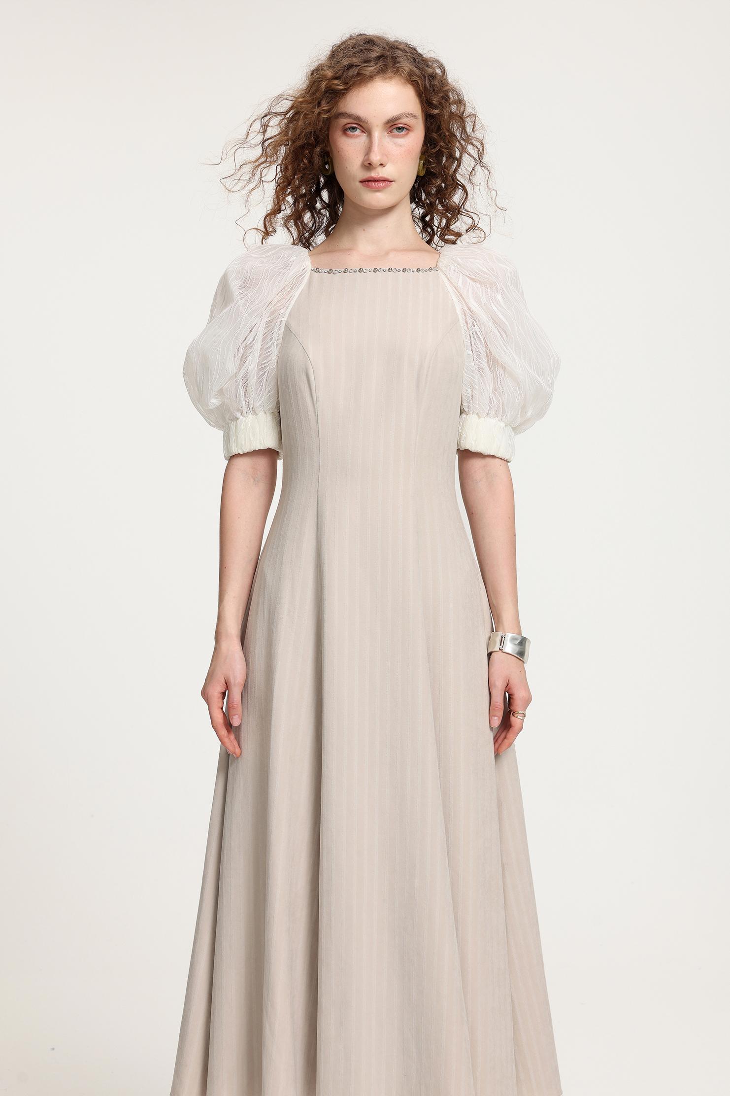 Textured Puff-Sleeve Midi Dress With Crystal Neckline