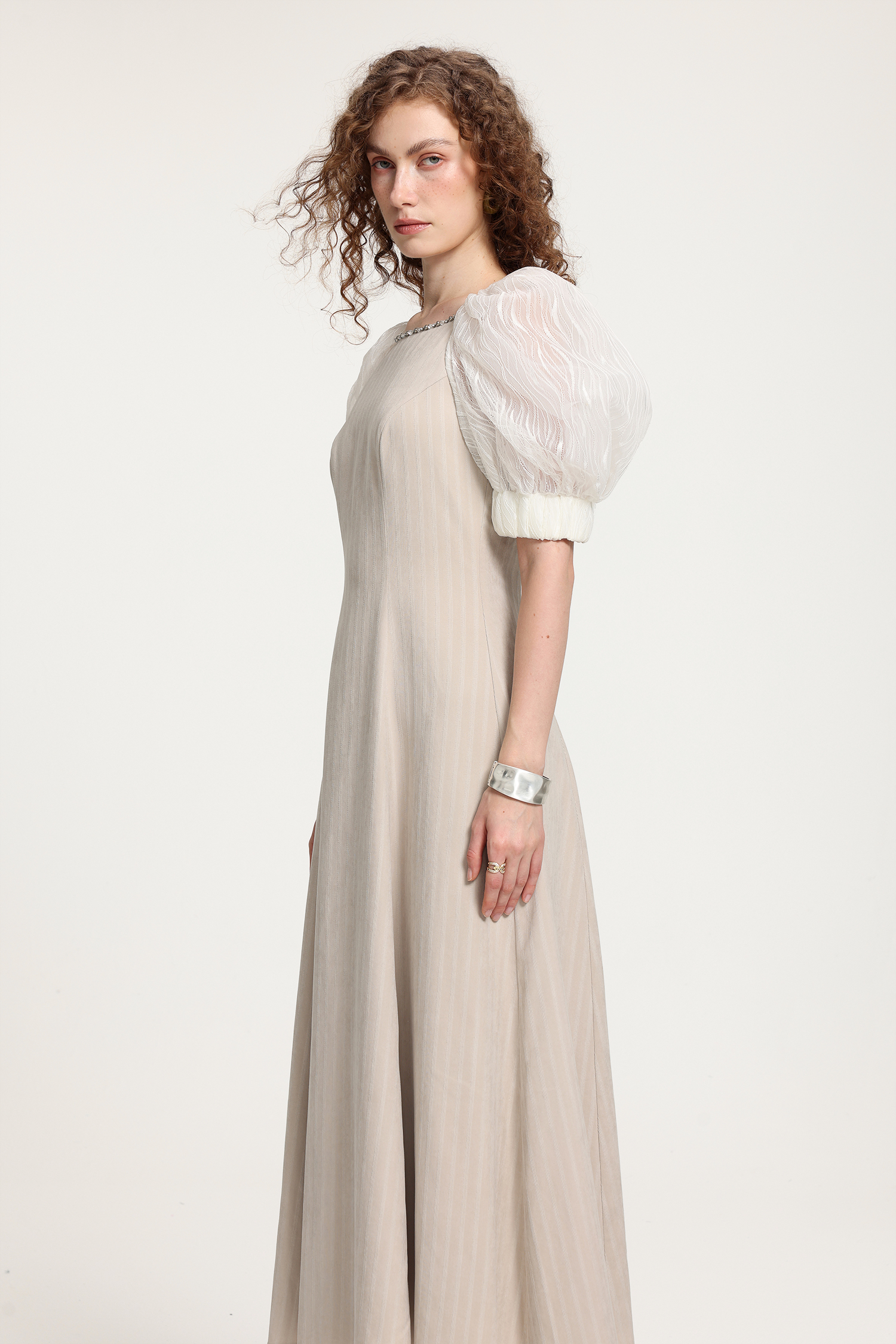 Textured Puff-Sleeve Midi Dress With Crystal Neckline