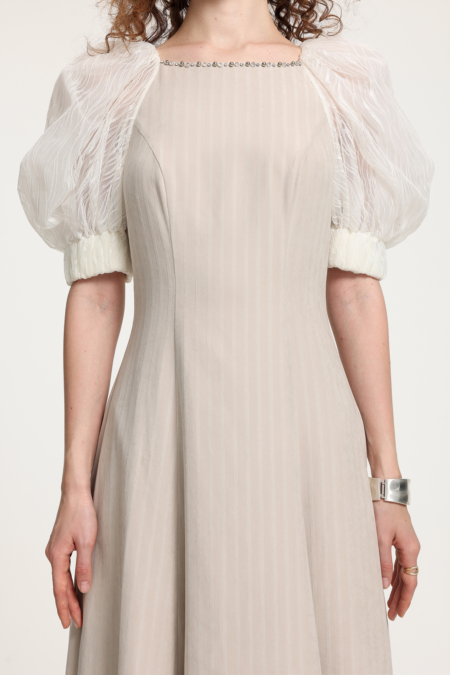 Textured Puff-Sleeve Midi Dress With Crystal Neckline