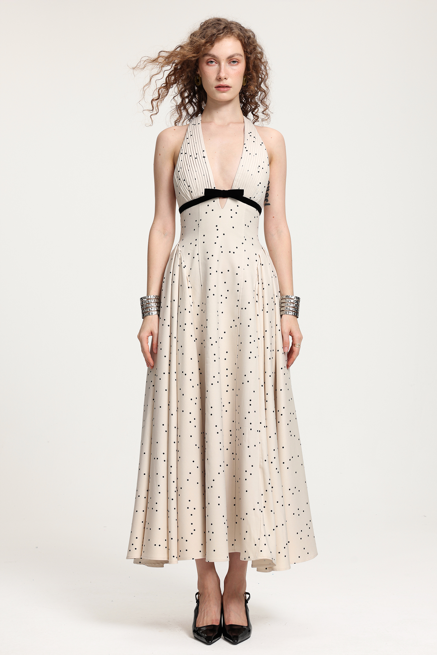 Polka Dot Halter Midi Dress With Velvet Bow Detail