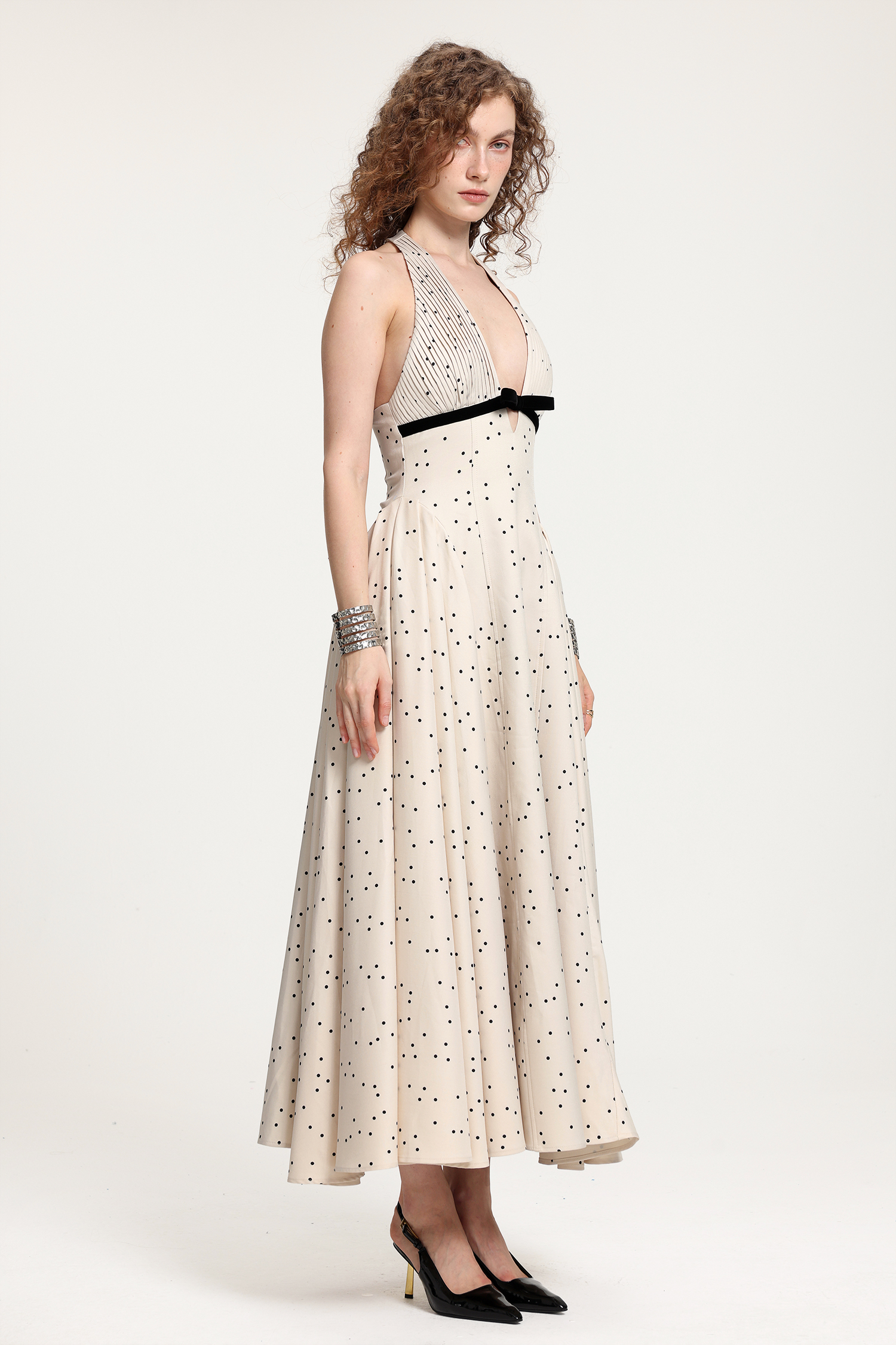 Polka Dot Halter Midi Dress With Velvet Bow Detail