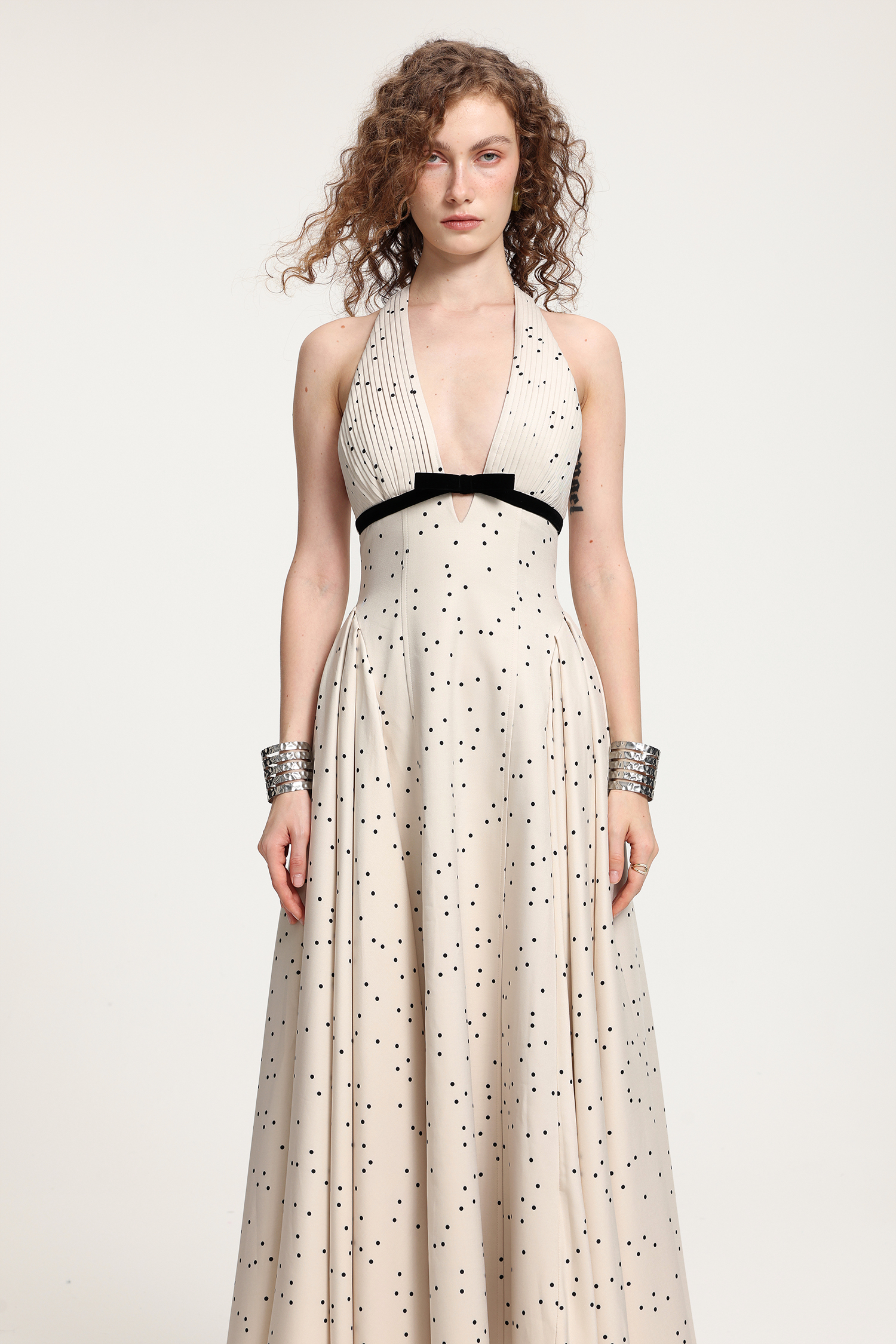 Polka Dot Halter Midi Dress With Velvet Bow Detail