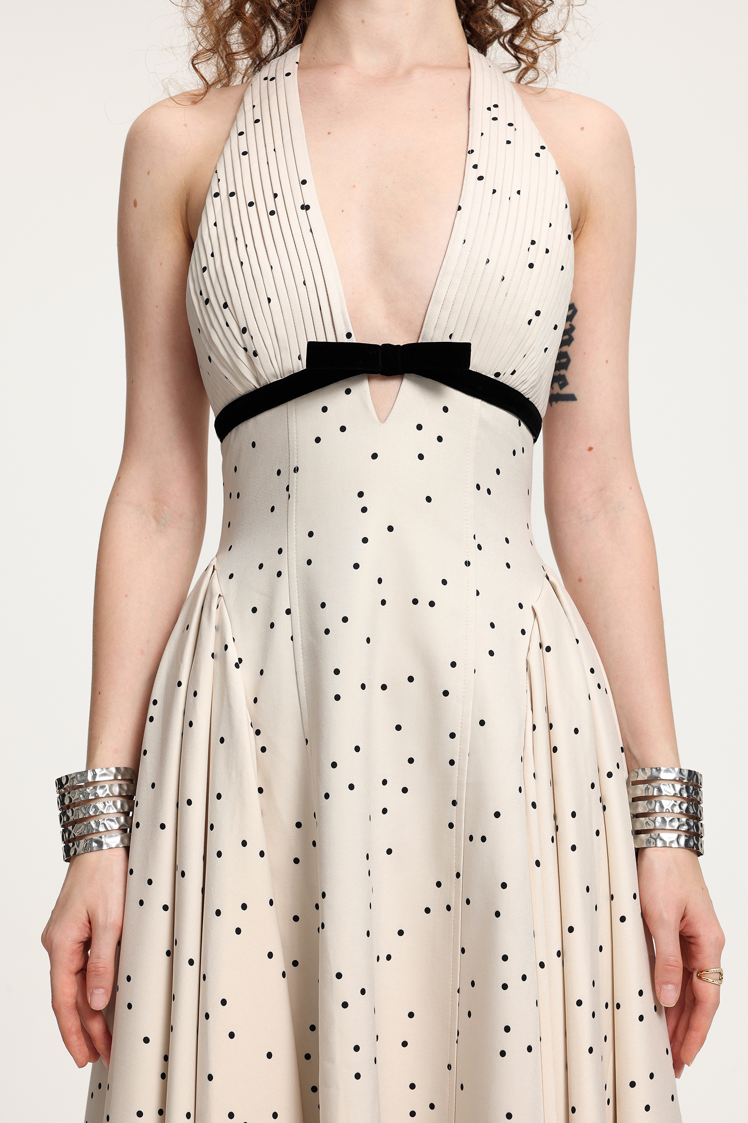 Polka Dot Halter Midi Dress With Velvet Bow Detail