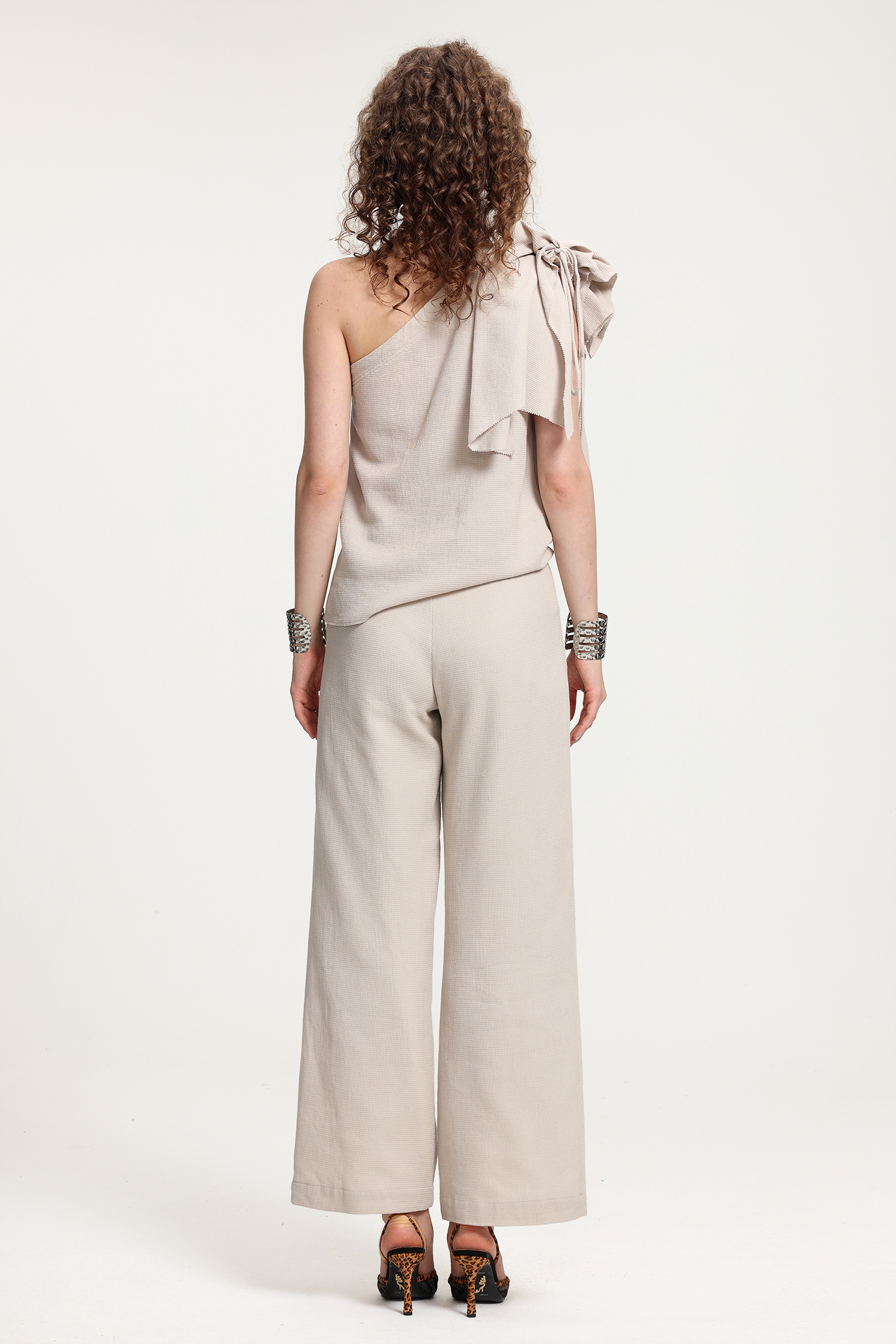 One-Shoulder Ruffled Top With Wide-Leg Pants Set