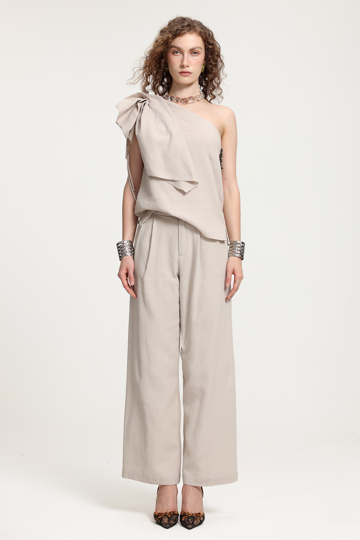One-Shoulder Ruffled Top With Wide-Leg Pants Set