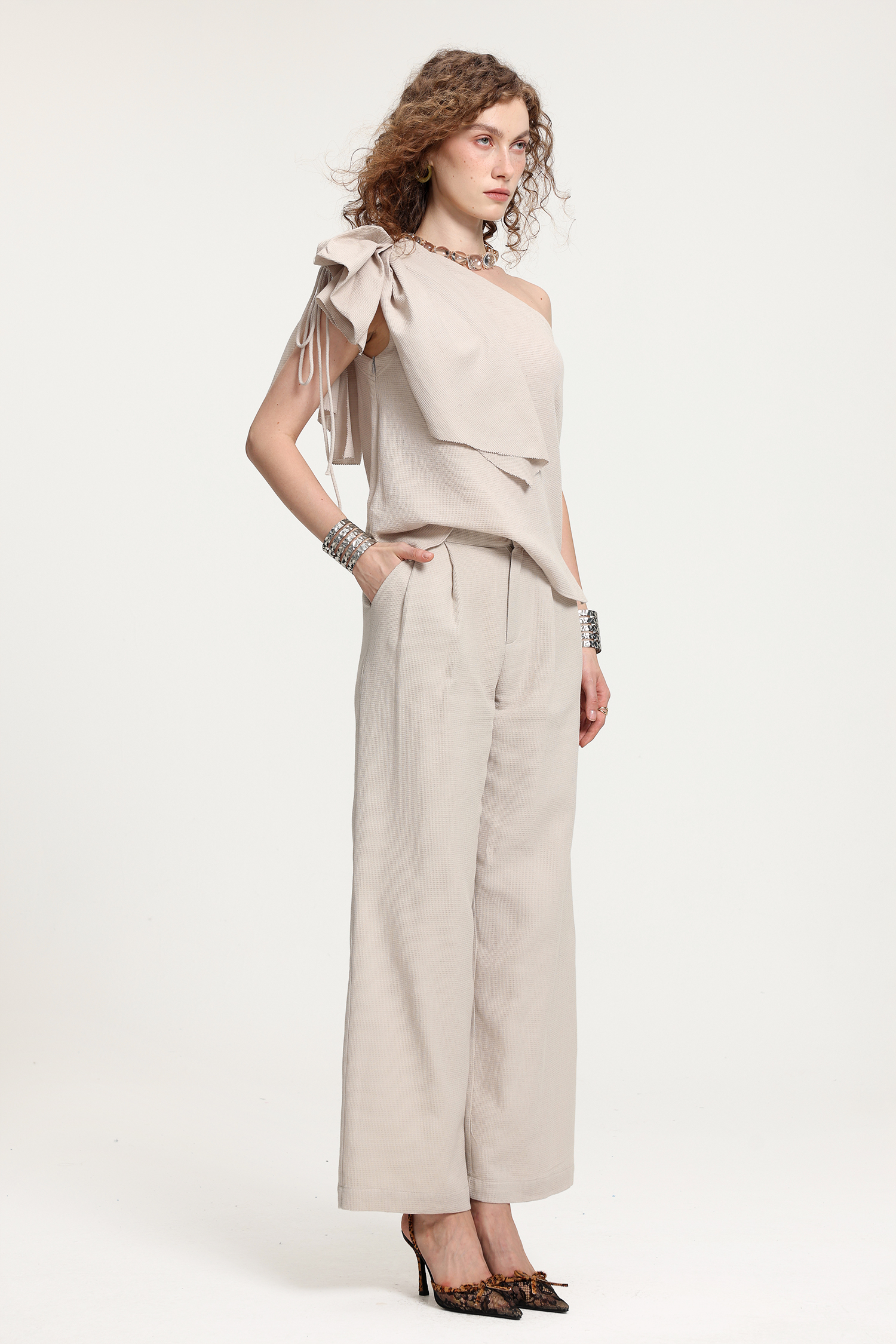 One-Shoulder Ruffled Top With Wide-Leg Pants Set