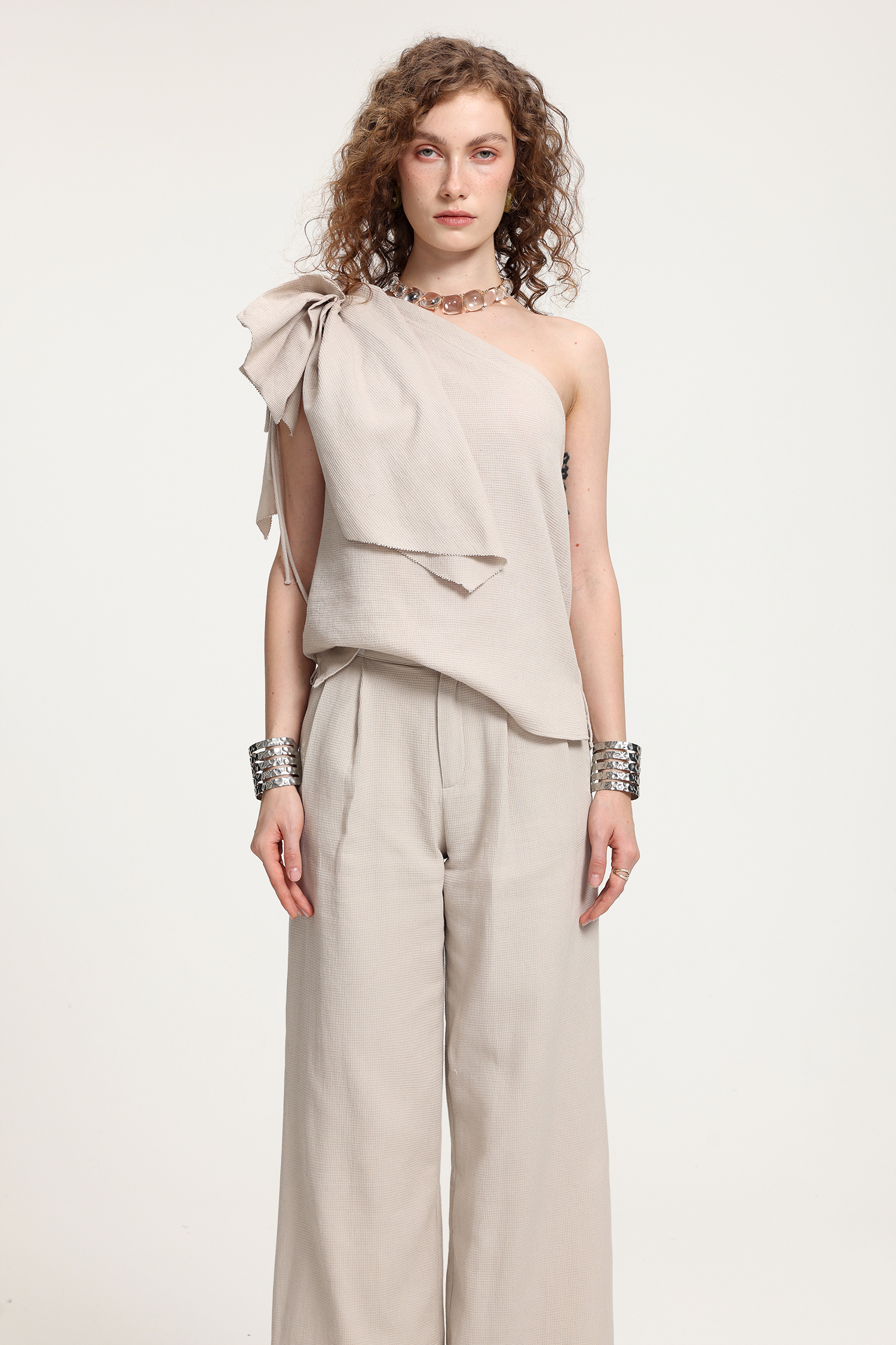 One-Shoulder Ruffled Top With Wide-Leg Pants Set