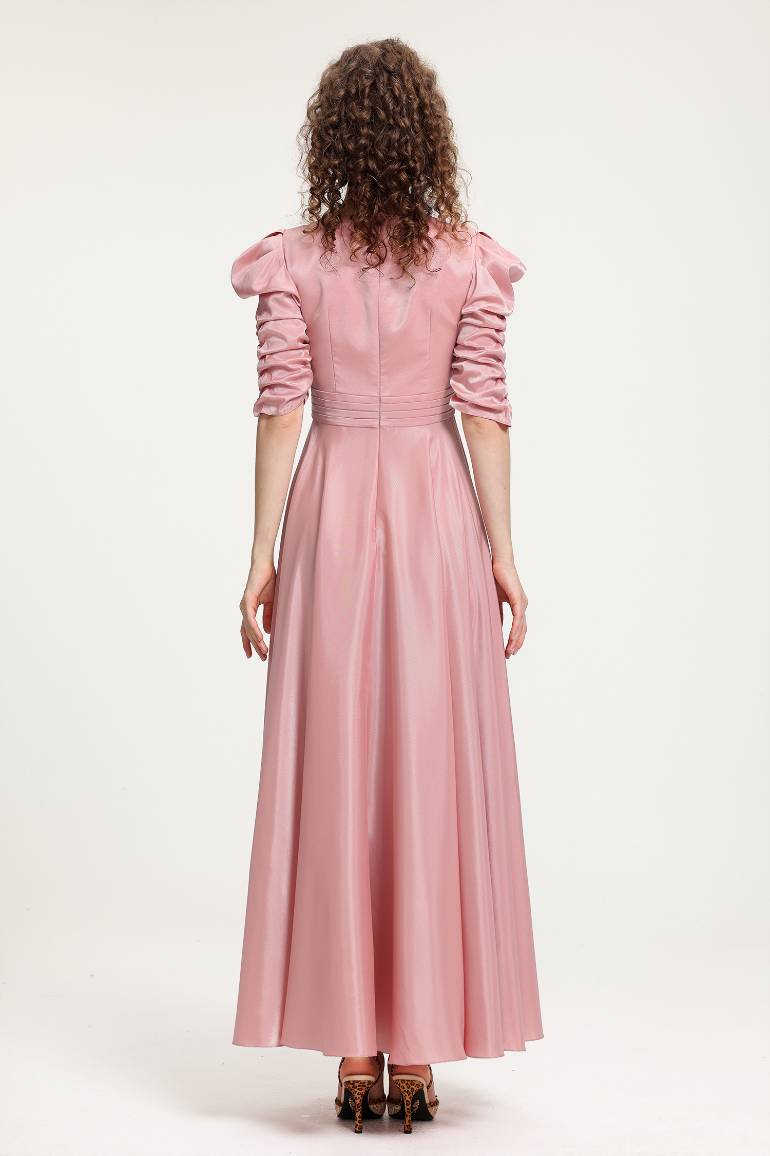 Vintage Court-Style Pink Satin Maxi Dress With Hand-Smocked Puff Sleeves