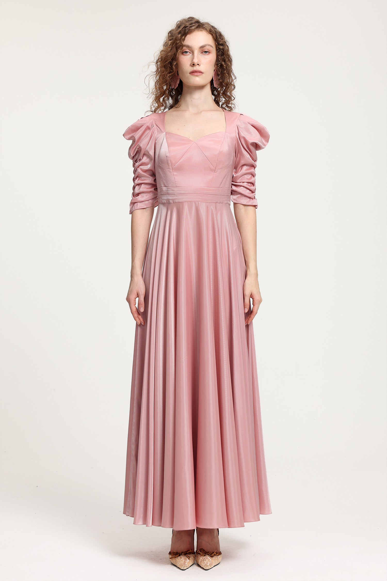 Vintage Court-Style Pink Satin Maxi Dress With Hand-Smocked Puff Sleeves