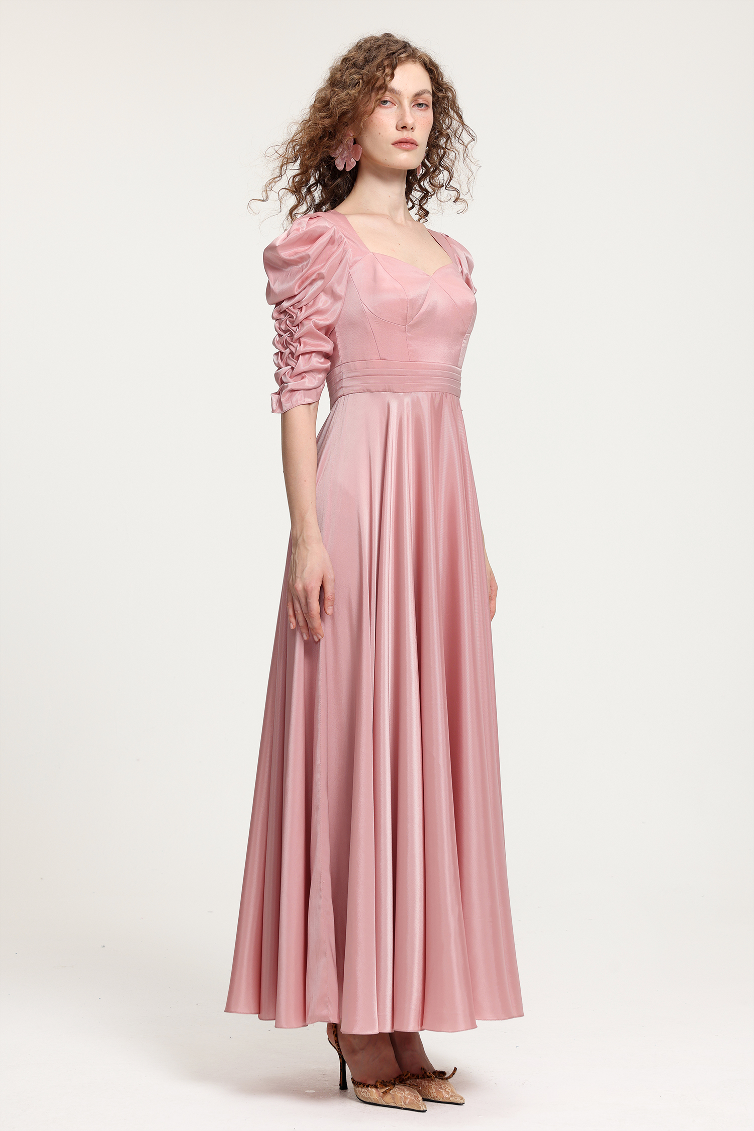 Vintage Court-Style Pink Satin Maxi Dress With Hand-Smocked Puff Sleeves