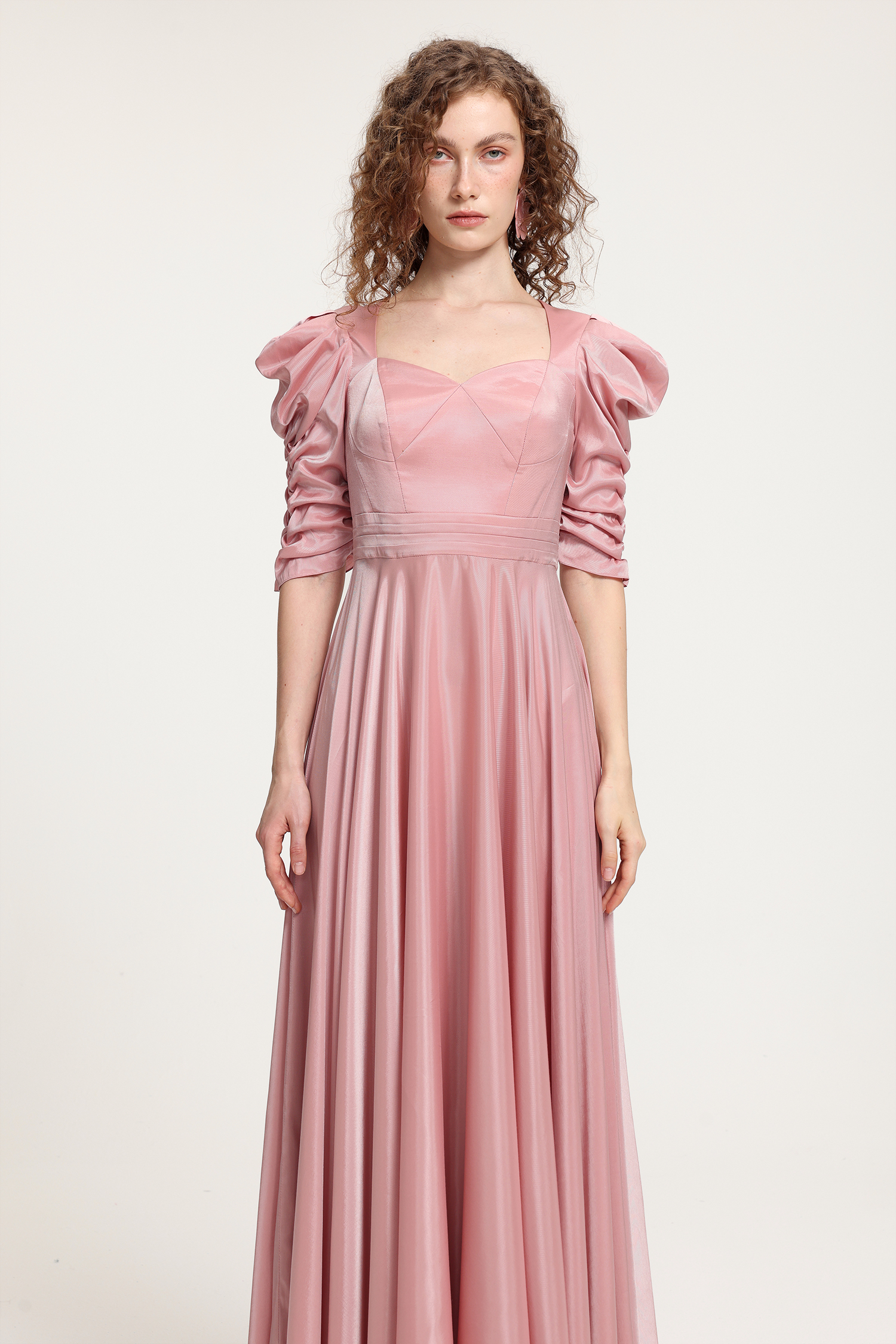 Vintage Court-Style Pink Satin Maxi Dress With Hand-Smocked Puff Sleeves