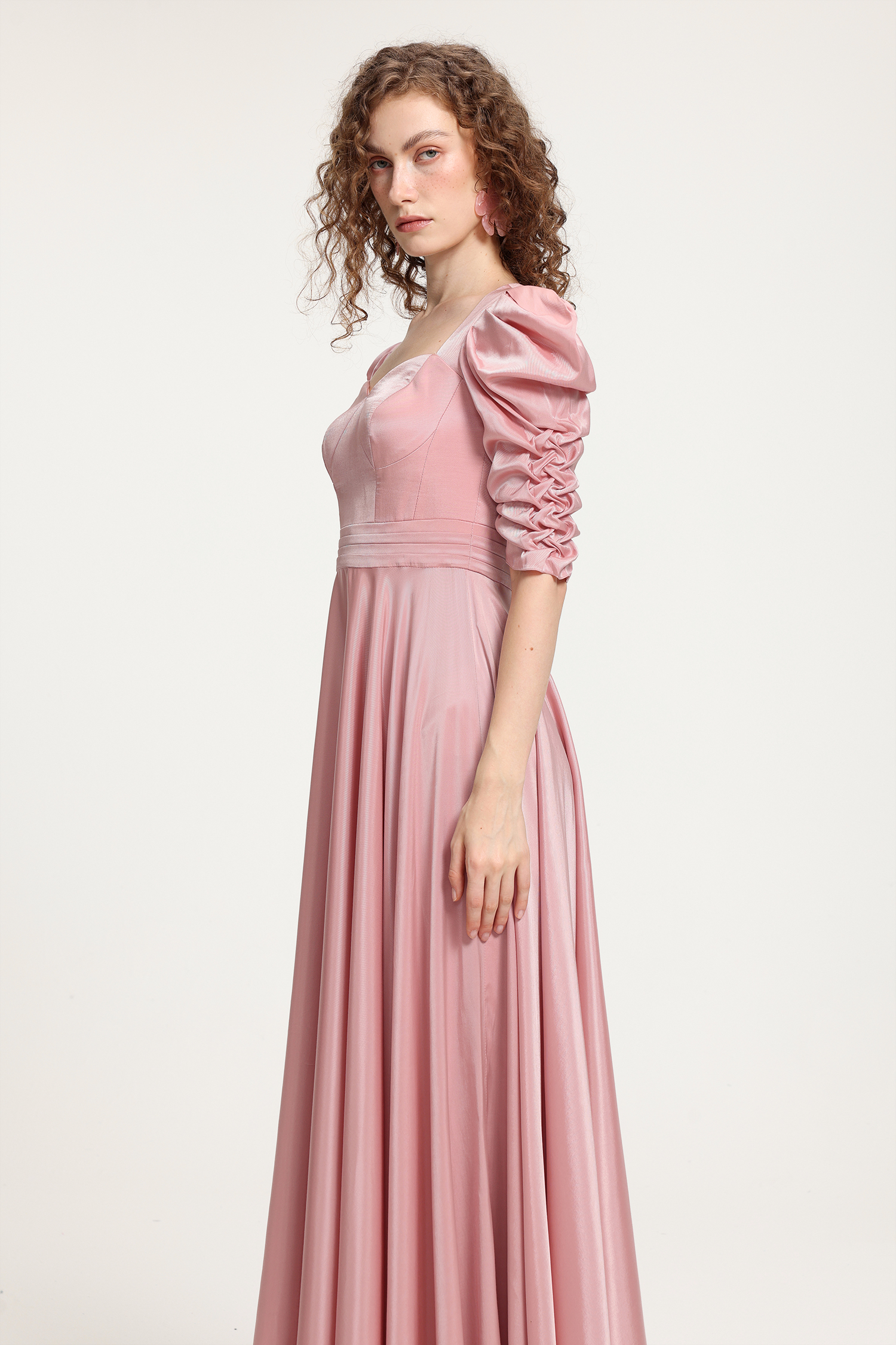 Vintage Court-Style Pink Satin Maxi Dress With Hand-Smocked Puff Sleeves