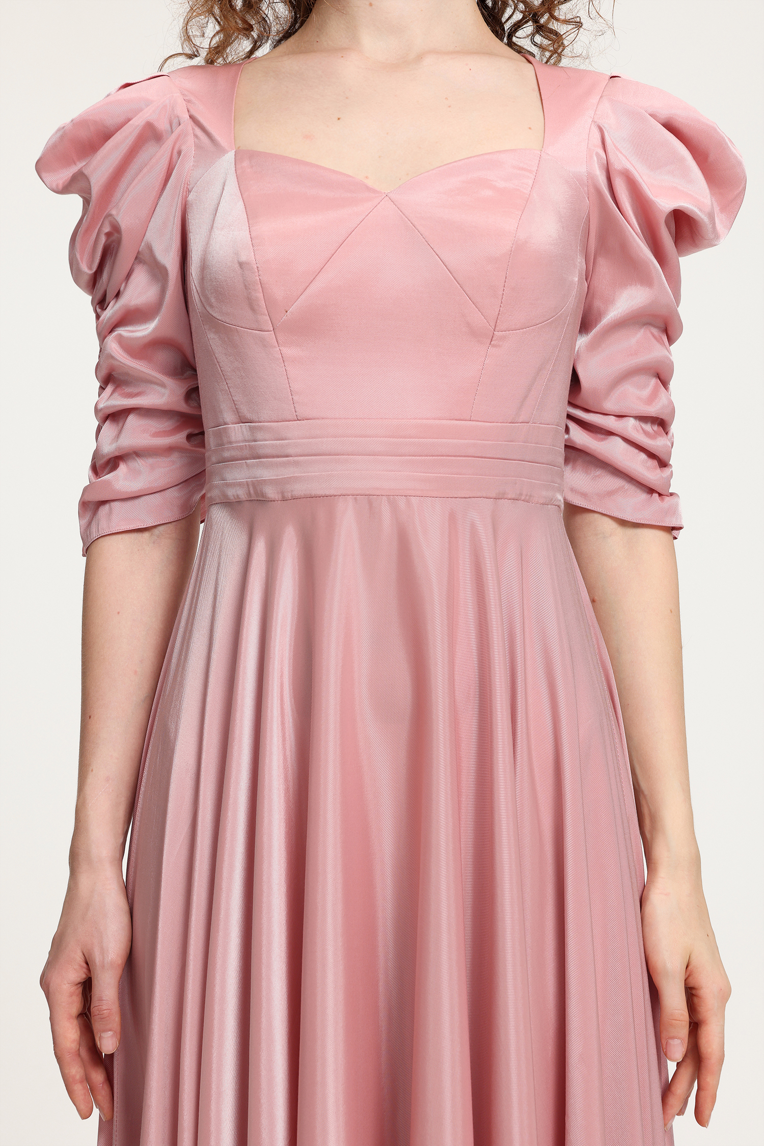 Vintage Court-Style Pink Satin Maxi Dress With Hand-Smocked Puff Sleeves