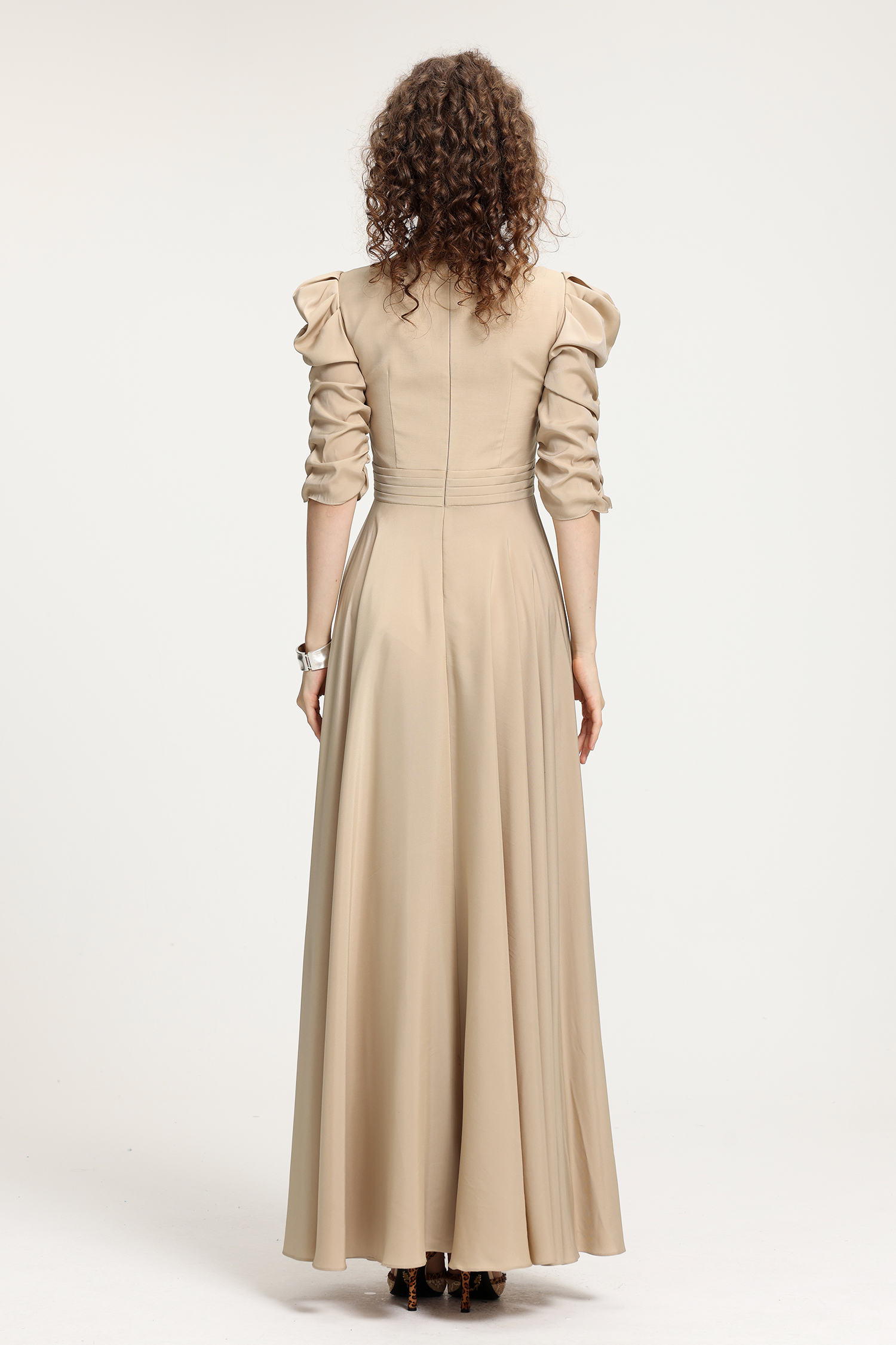Vintage Court-Style Beige Satin Maxi Dress With Hand-Smocked Puff Sleeves